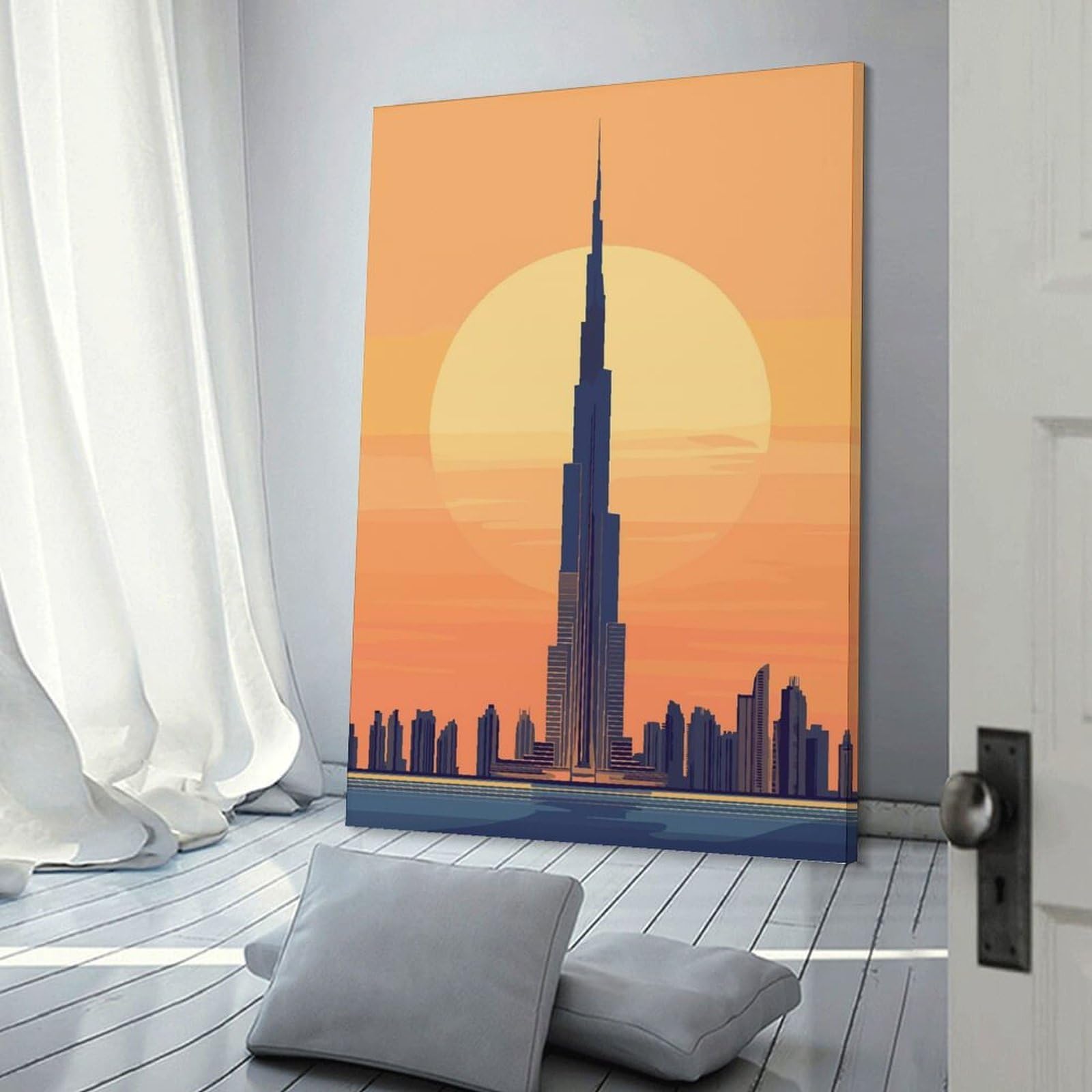 Junmoney Canvas Wall Decor Dubai Skyline Sunset, 24x36inch(60x90cm), for Lounge Decor, Bedroom Walls Or Flats, Eye Catching Artwork for Blank Walls