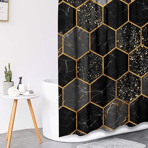 Miniatura 4 de Juego de cortinas de ducha con tapa de inodoro y alfombras antideslizantes para baño, juego de 4 cortinas de ducha hexagonales de mármol negro y