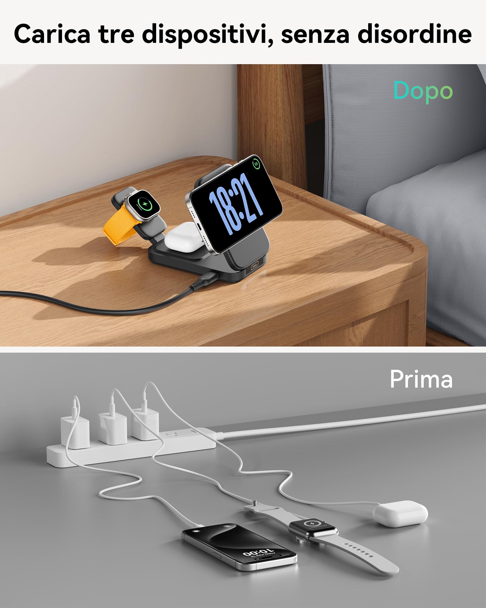 INIU 3 in 1 Caricatore Wireless iPhone, 15W Certificato Qi2 Caricabatterie Magnetico, Stazione Ricarica Wireless Mag-Safe Pieghevole per Apple Watch SE iPhone 17 16 15 14 13 12 AirPods(con Adattatore)