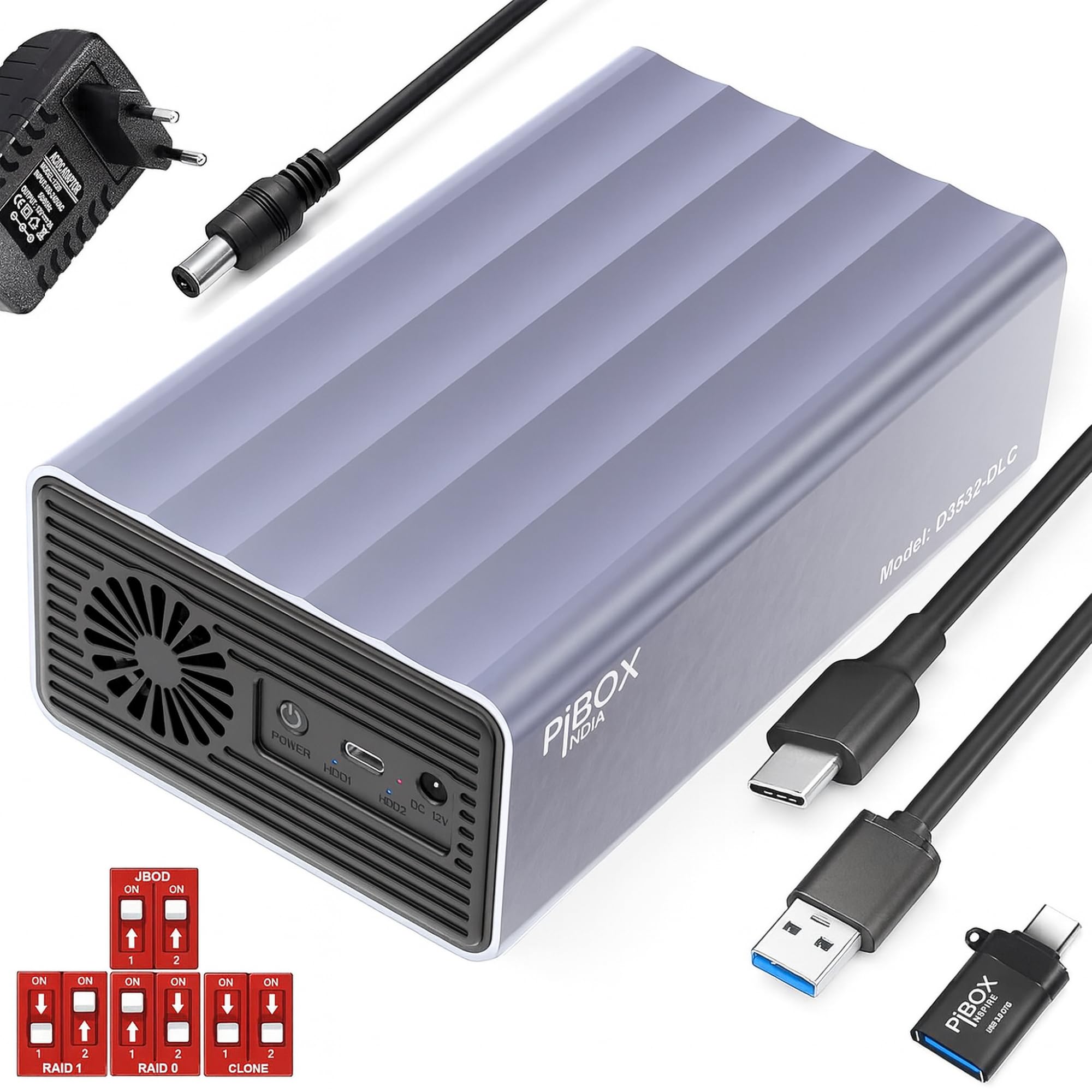 PiBOX India Dual 2 Bay 3.5/2.5 Inch SATA HDD SSD Aluminium Enclosure Dock - External RAID 0/1/JBOD/CLONE Storage with USB 3.1 Type-C, 6Gbps UASP, 56TB Capacity, Cooling Fan- REALTEK CHIPSET-picture-32