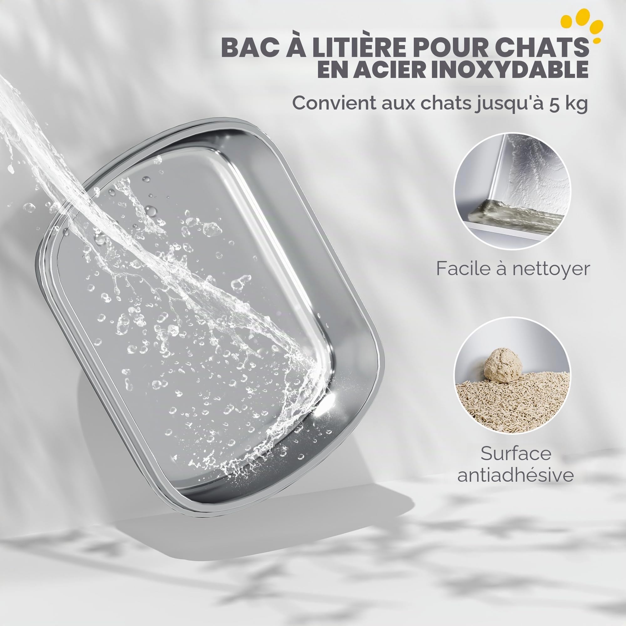 PawHut Bac à litière INOX avec Couvercle, bac à litière fermé Gris