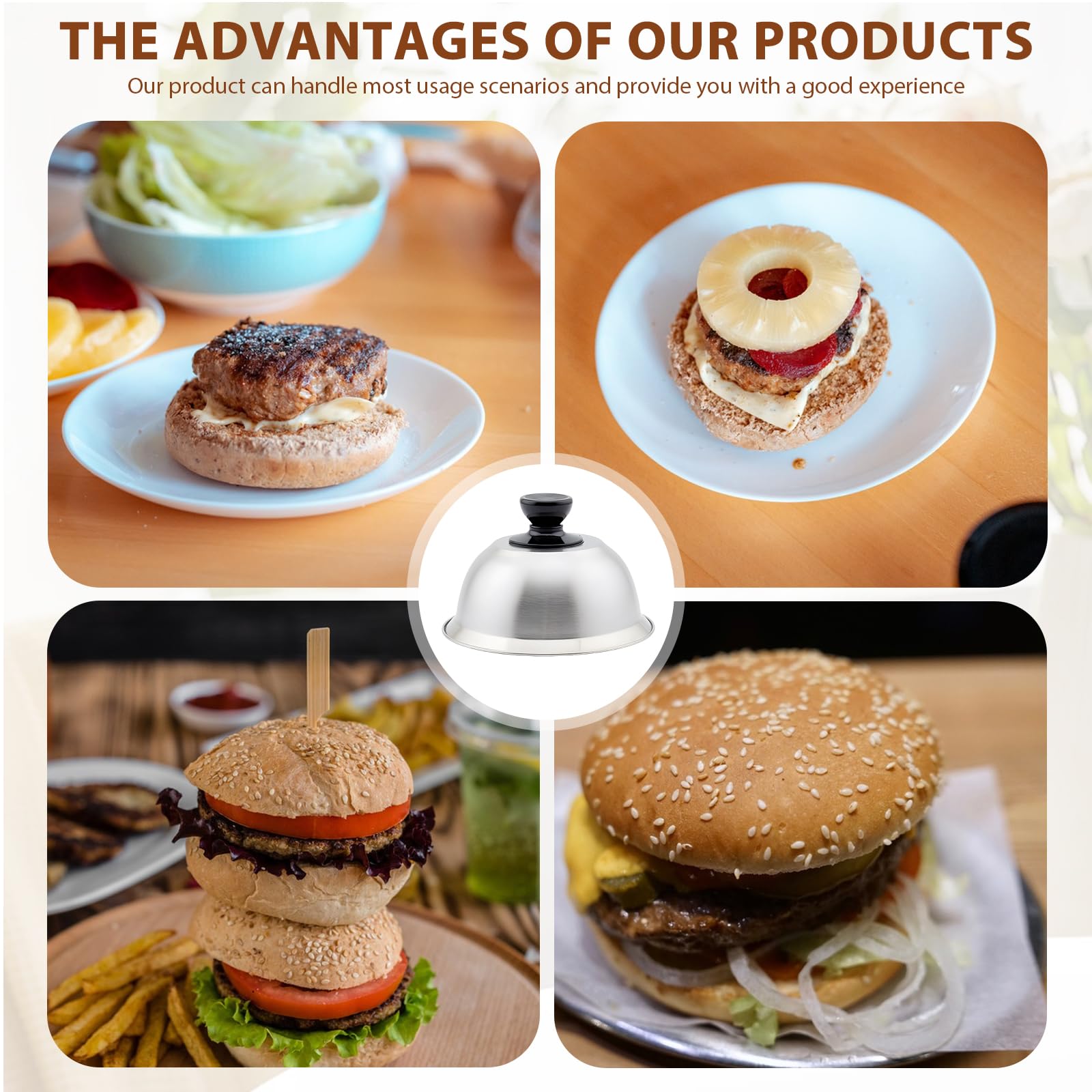 Cappa per Hamburger in Acciaio 4 Pezzi, Cloche Acciaio per Hamburger 16 x 10 cm, Cappe per Hamburger, Campana per Hamburger in Acciaio Inox con Mini Cacciavite, per Grigliare, Formaggio, Hamburger