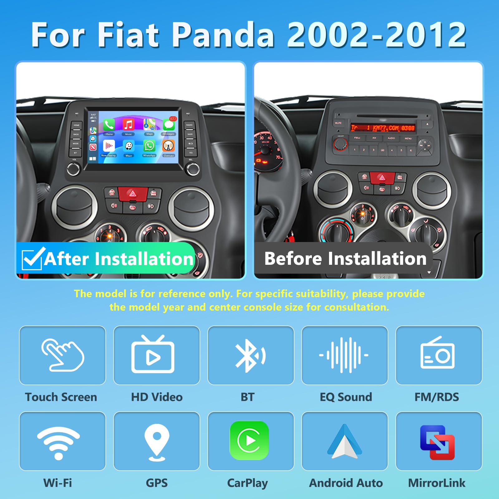 Carplay Autoradio per Fiat Panda 169 (2002-2012), 2GB+64GB Android Auto Bluetooth Car Stereo con GPS Navigation WiFi RDS/FM Radio SWC USB Mirror Link Canbus + Telecamera Posteriore