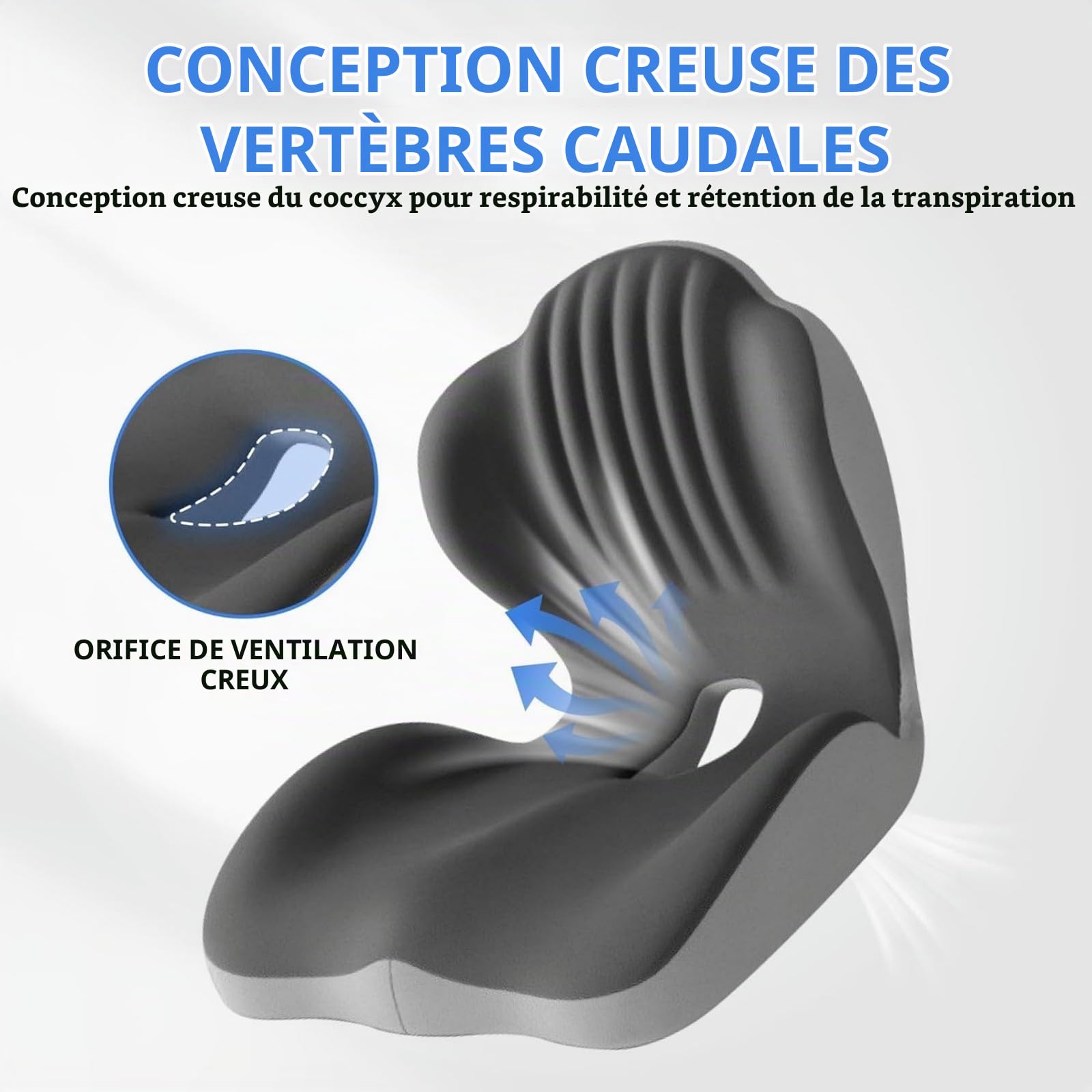 Coussin Lombaire et d’Assise en Mousse à Mémoire de Forme, Coussin Ergonomique Lombaire pour Bureau, Soutien Dos et Coccyx, Respiration 3D, Capacité 150KG, pour Chaise Auto et Gaming