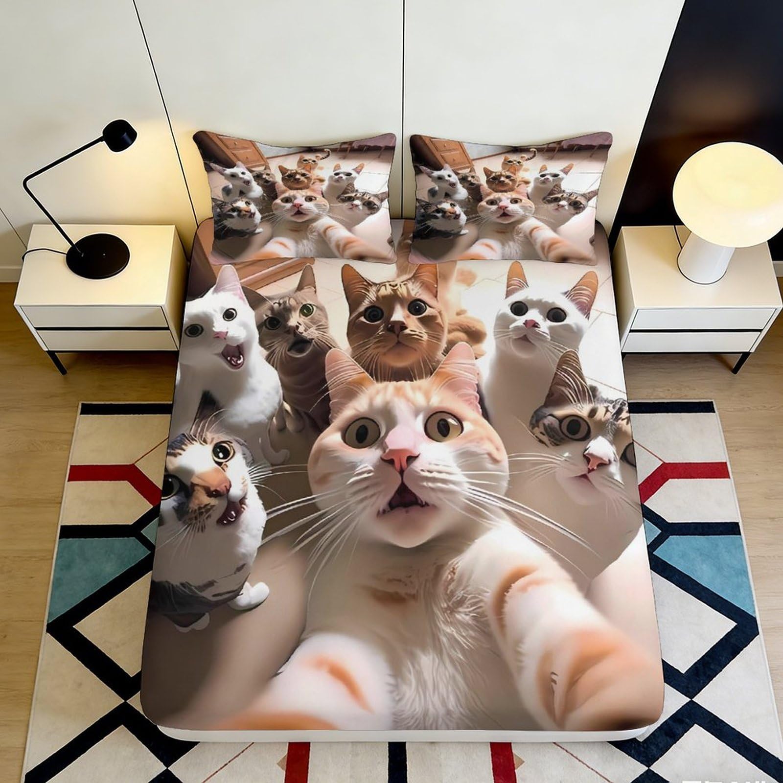 3D Printed Cat Selfie Fitted Sheet Microfiber Soft Breathable Funny Cats Bed Cover for Bedroom Dormitory Guest Room Mattress Protection Decor 120x200x25cm