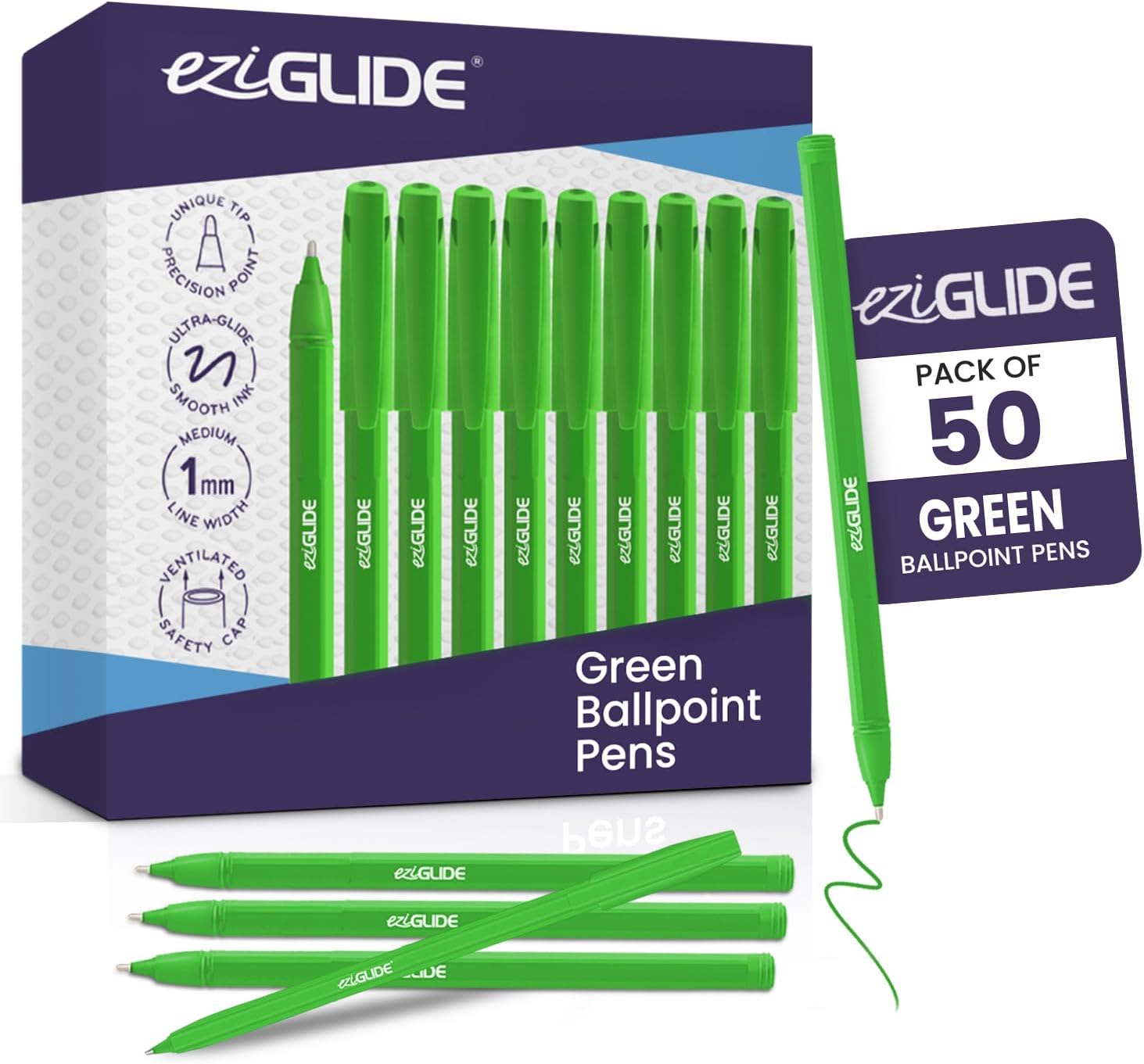 Ballpoint Pen Set, 50-Pack Green – Easy Grip & Medium Point (1.0mm) for Ultra-Smooth, Skip-Free Writing & Quick-Dry Ink – Ideal for Office, Work, Exam, School, Home & Stationery Use
