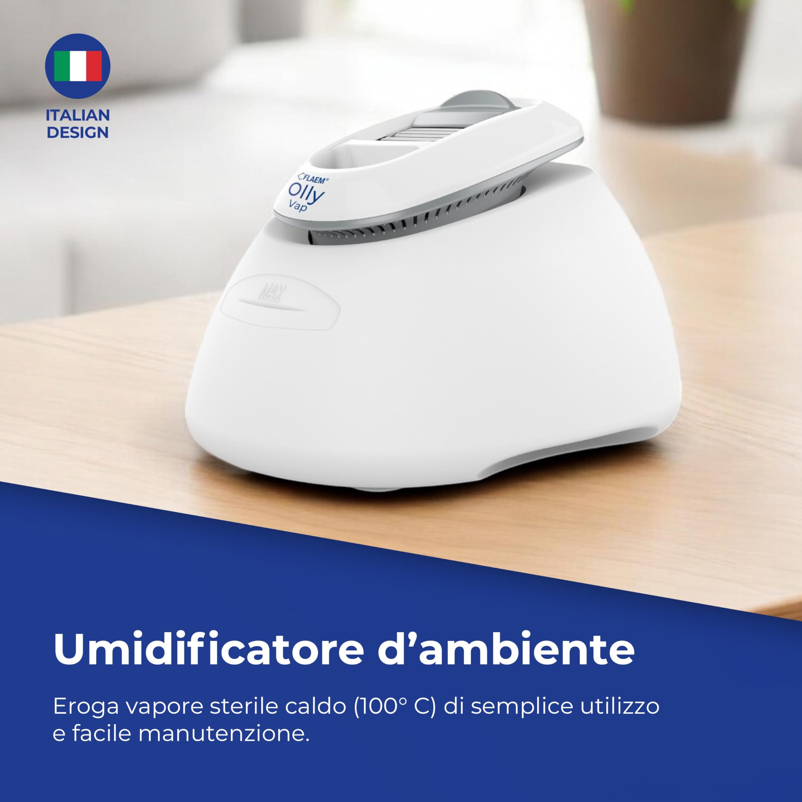 Flaem, Olly Umidificatore Ambiente a Caldo, Diffusore di Oli Essenziali, Pre-Raffreddamento del Vapore Sterile, Sicuro per i Bambini, Luce Notturna, Capacità 4,5 l, Ideale per 25 mq, Design Italiano