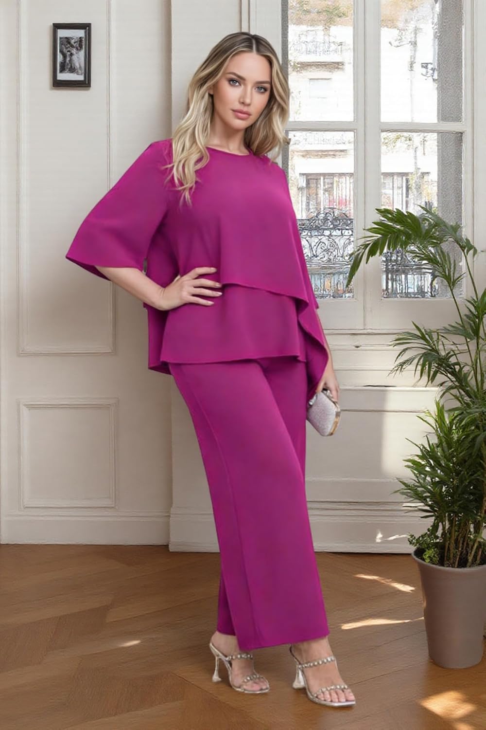2 Pieces Mother of The Bride Pant Suits Plus Size Chiffon 3/4 Sleeve Ruffle Wedding Formal Party Outfit