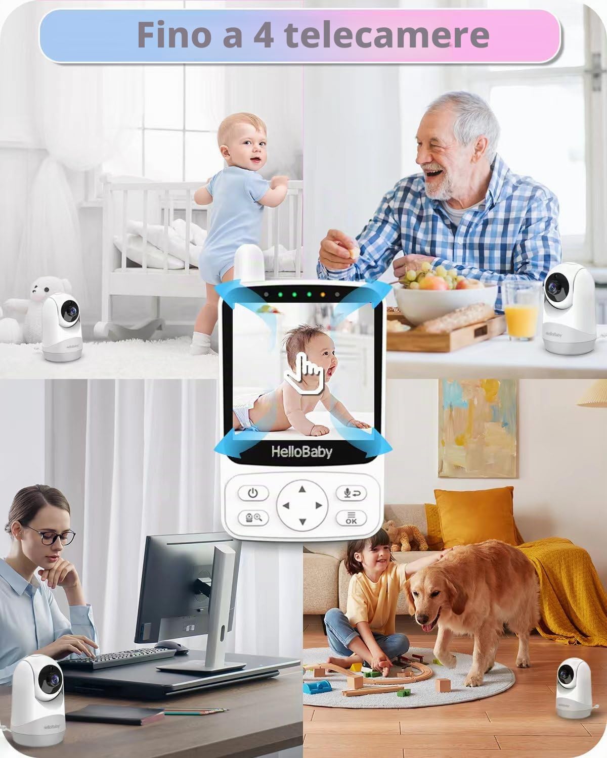 HelloBaby Baby Monitor, 4" IPS Schermo e 29 ore di durata della batteria, baby monitor video e audio, Fotocamera 350°/120° 2x Zoom, Visione notturna infrarossa, Modalità ECO, Temperatura