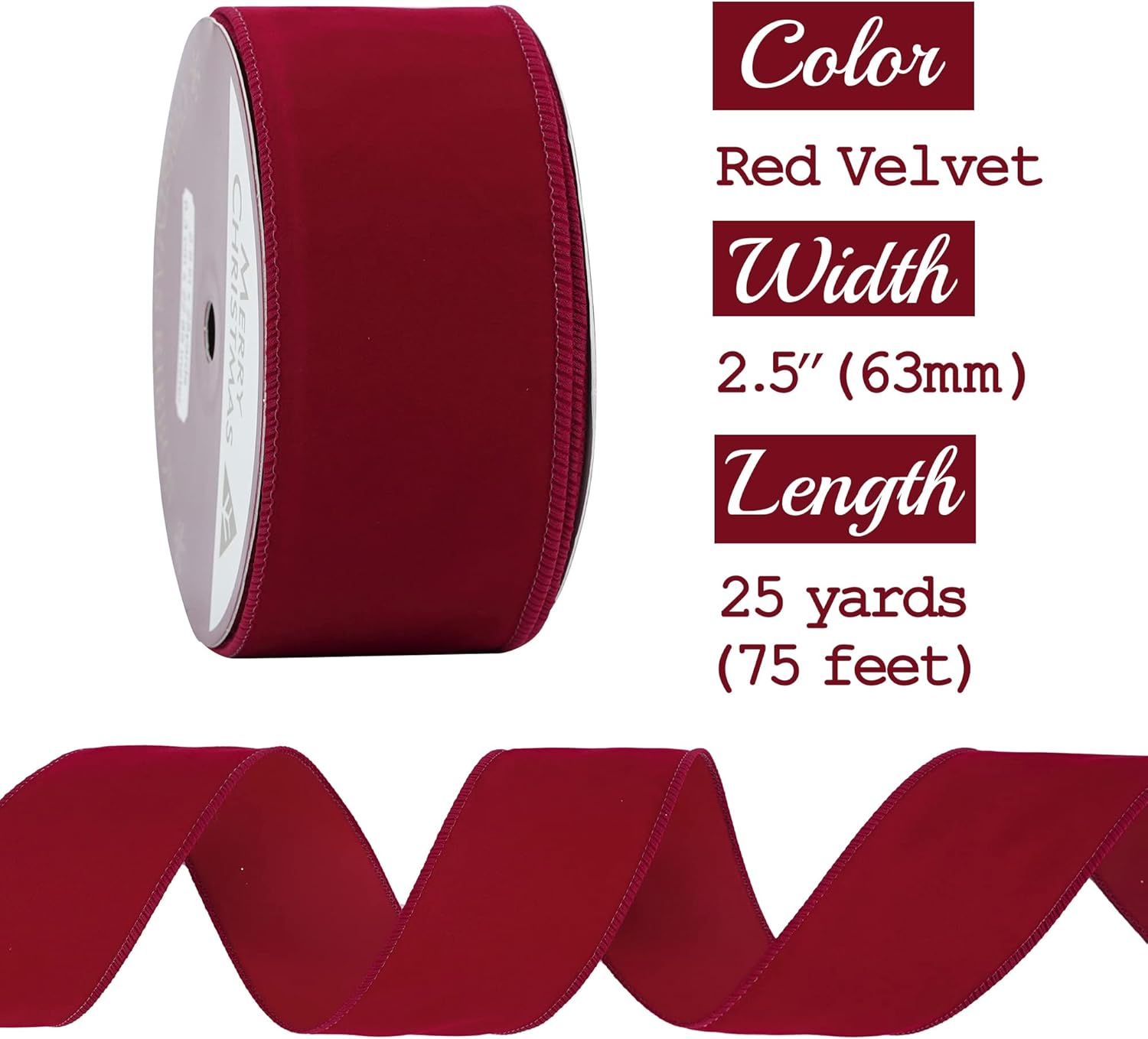 MEEDEE Red Velvet Wired Ribbon 2.5 Inch Wide Red Ribbons 25 Yards Spool Velvet Christmas Ribbon Red Wired Ribbons for Christmas Tree, Wreaths Supplies, Bows Making