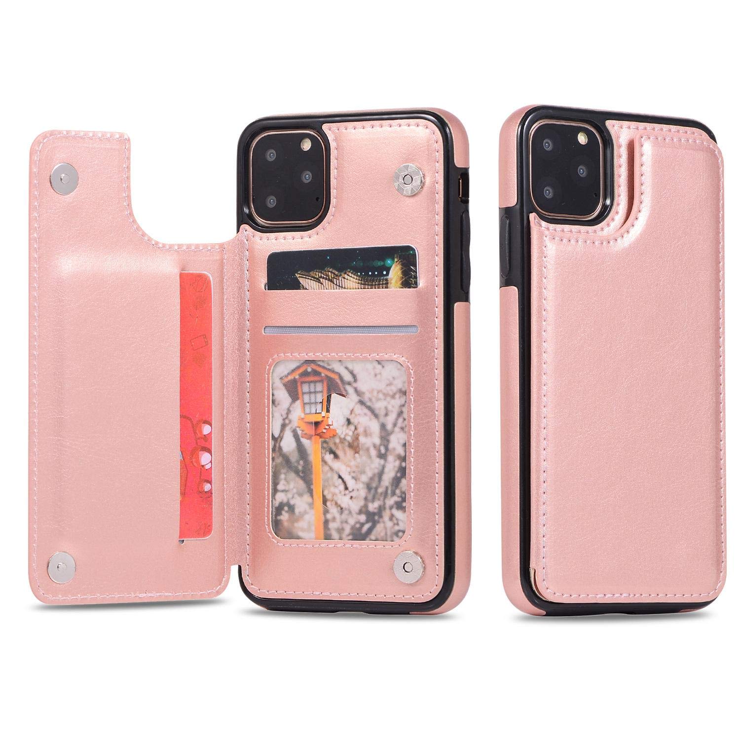 Étui pour iPhone 12 Pro cuir rose gold pochette carte autocollante double boucle