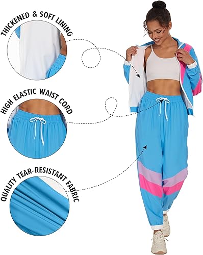 Miniatura 6 de UOUA Conjunto deportivo de 2 piezas con bloques de color para mujer, de los años 80 y 90, de manga larga, rompevientos