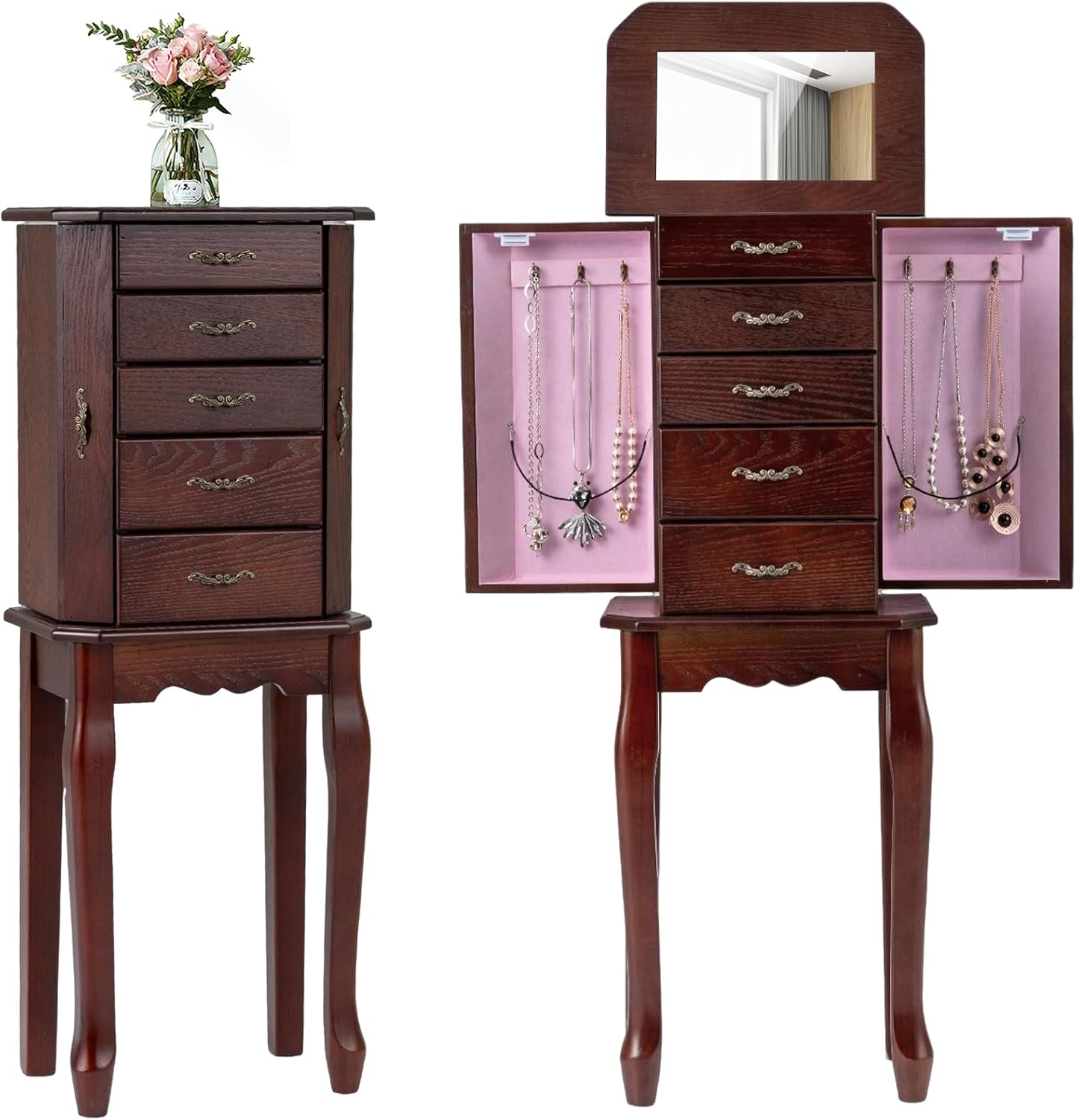 CHARMAID Standing Jewelry Armoire with Flip Top Mirror, Top Storage Tray, 4 Drawers, 2 Side Doors with Necklace Hooks, Vintage Jewelry Organizer Cabinet Chest for Rings, Earrings, Bracelets (Walnut)