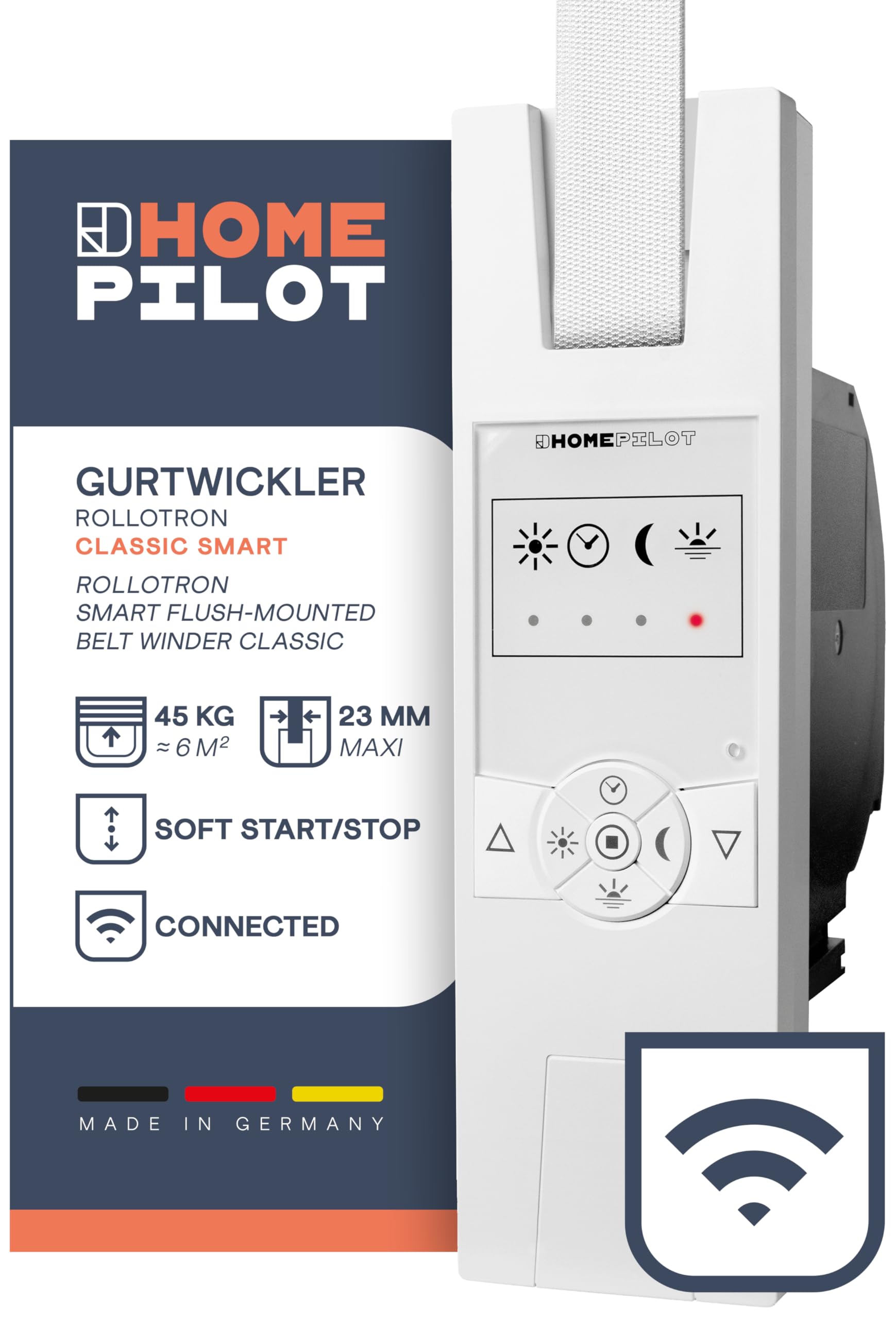 HOMEPILOT avvolgitore elettrico smart RolloTron classic per tapparelle fino 45 kg (circa 6 m²), per cinghia da 23 mm, comp. con telecomando (app, alexa, google tramite il web server domotico premium)