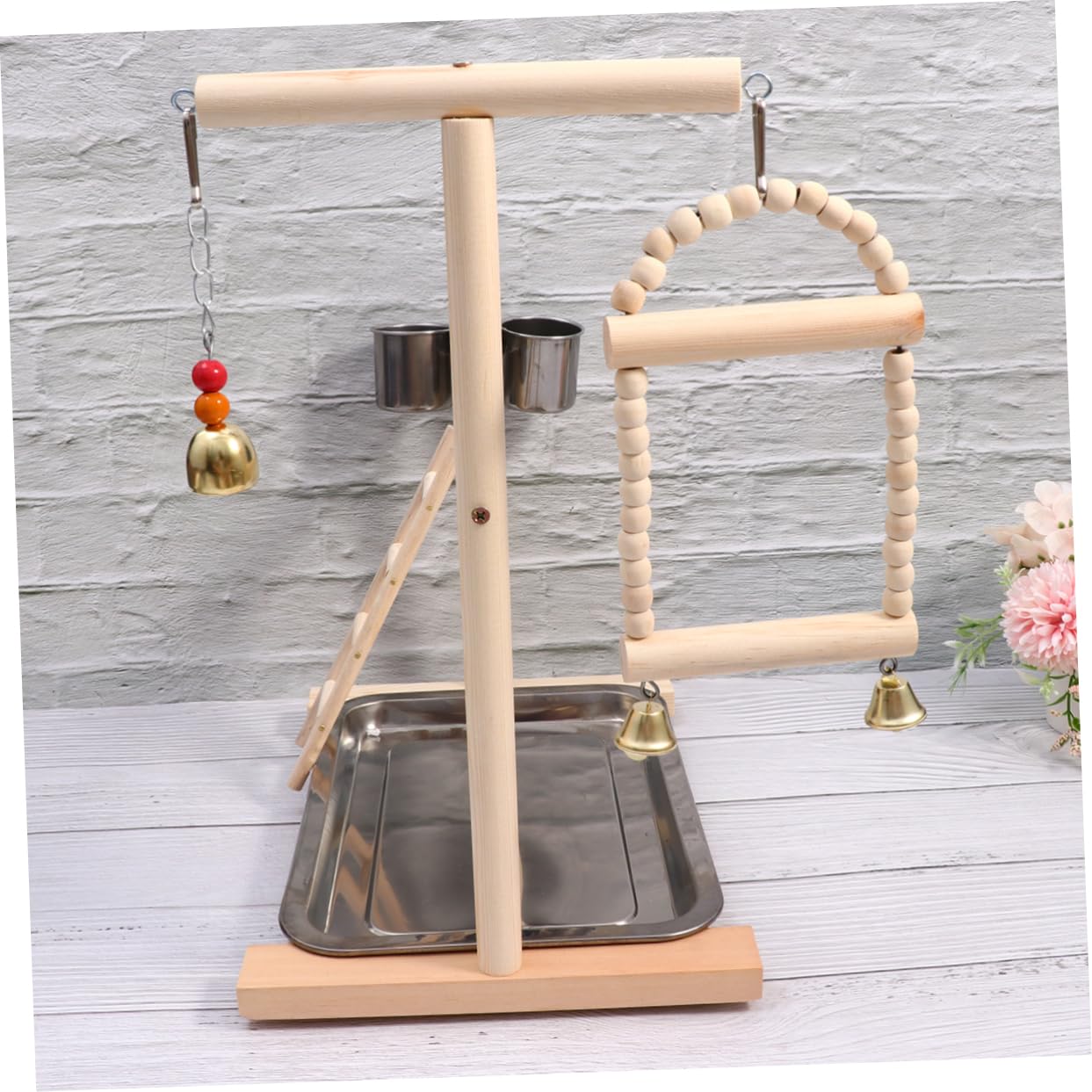 DOITOOL Puesto de Loros Madera Parque Infantil Columpio Escalera Juguete Colgante Acero Inoxidable Cuenco Bird Toys Columpio para Pájaros Colgante de Madera para Loros Juguetes para Pájaro
