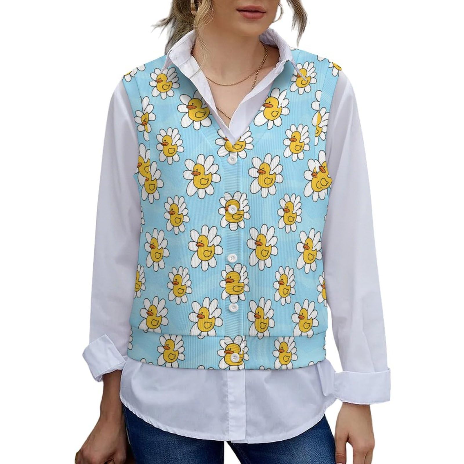 peiyeety White Daisies Yellow Ducks Blue Women V Neck Sweater Vest Knit Sleeveless Cardigan S-2XL