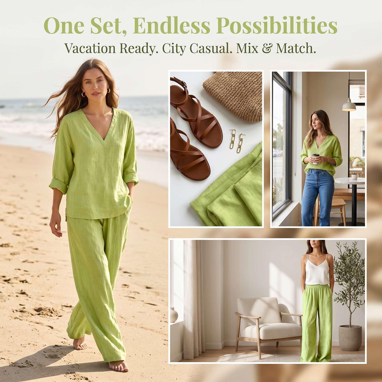 Générique Ensemble Femme 2 Pièces Été Imprimé Floral Chic - Haut Col V Manches 3/4 et Pantalon Large Fluide à Taille Haute Tenue de Vacances Bohème Décontractée en Mélange Coton et Lin