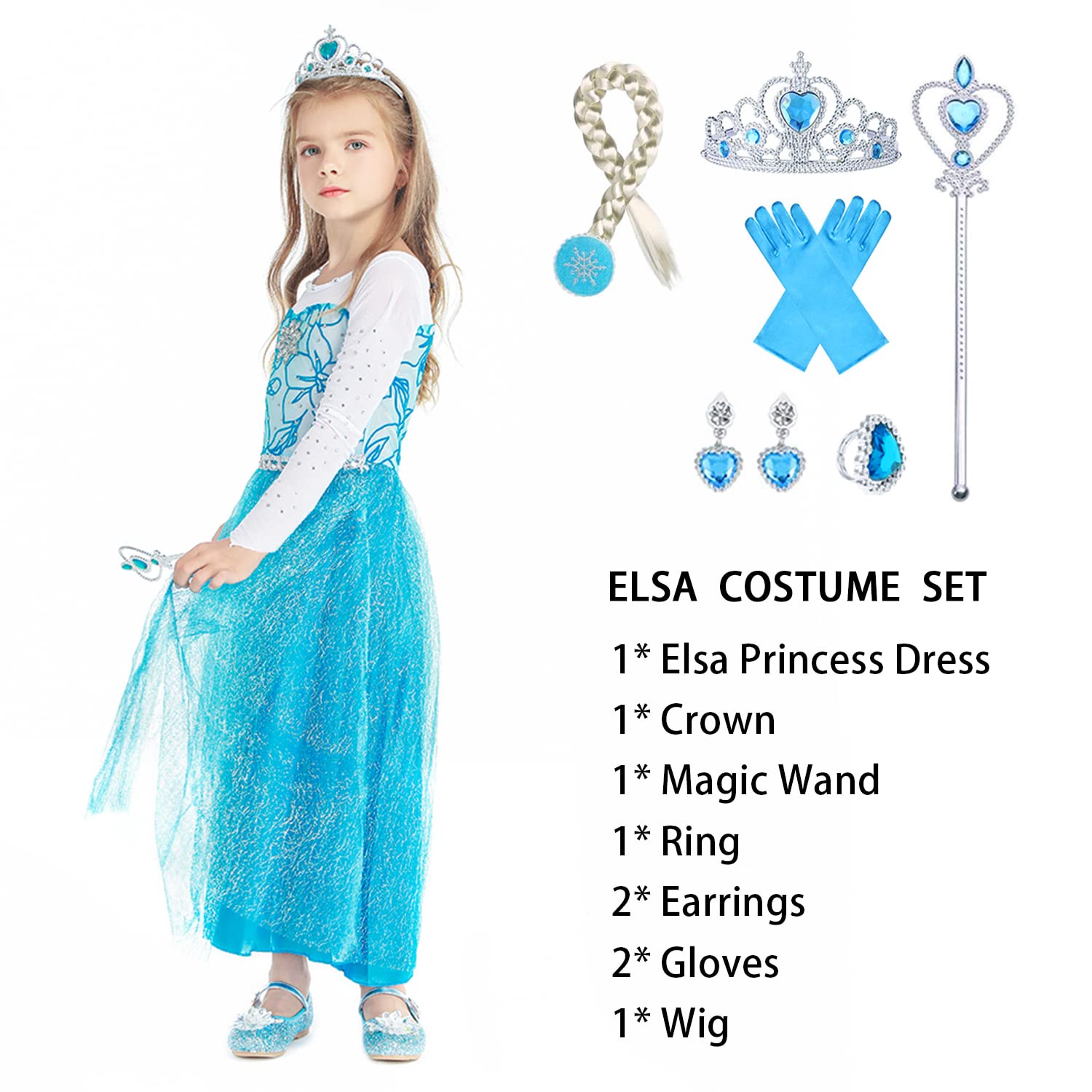 Elsa Dress Up for Girls - Costume da principessa Anna per bambini, con corona, bacchetta, guanti per feste, cosplay, matrimoni, 3-10 anni