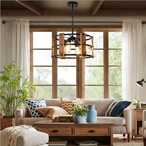 Miniatura 5 de Candelabro rústico de granja, lámpara colgante de 4 luces, altura ajustable, madera vintage marrón, iluminación colgante para entrada, isla de