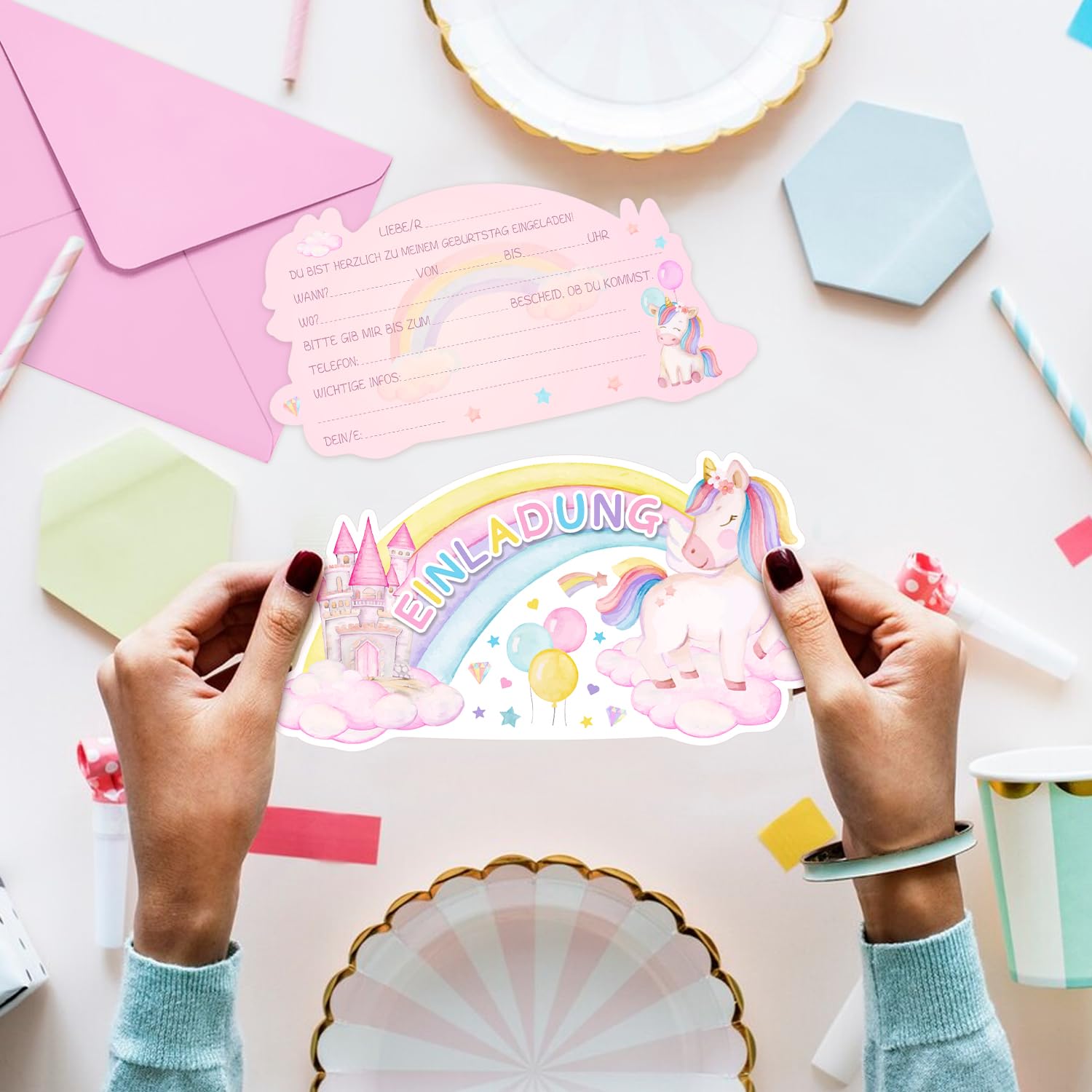 Tarjeta Invitación Digital Cumpleaños Unicornio Rayas Lila