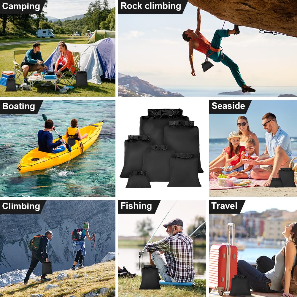 vsshe 6 Piezas Bolsas Estancas Impermeable, 1.5/2.5/3/3.5/5/8L Bolsas Secas Ligeras, Bolsas Estancas Ligeras Portátil, para Kayak, Senderismo, Rafting, Camping, Pesca, Ciclismo (Negro) — view 7