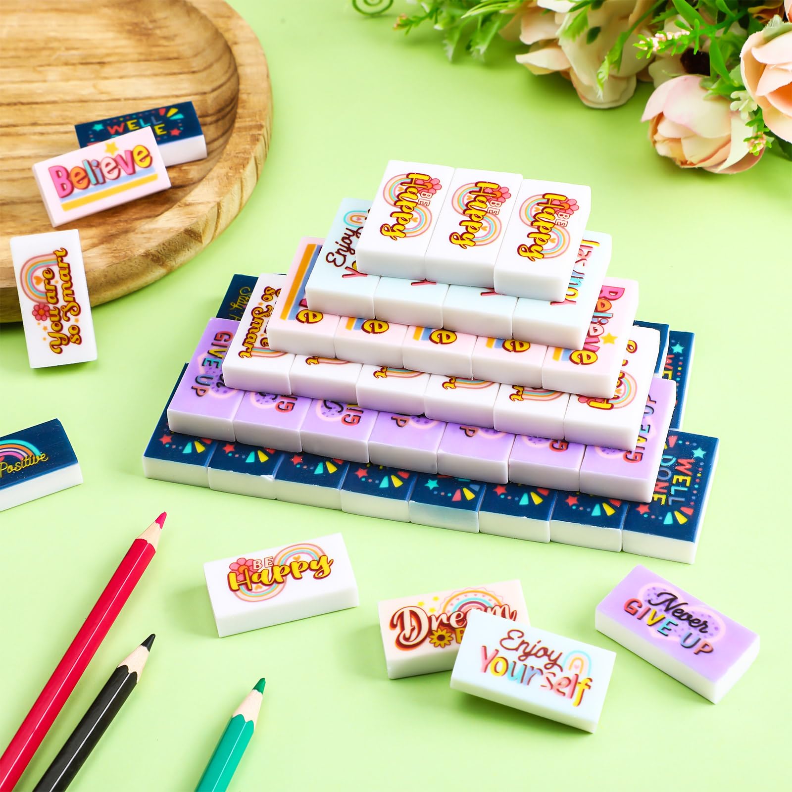 Dunzoom 100 gomme da cancellare motivazionali per bambini, divertenti e motivazionali, forniture per scuola, ufficio, ufficio, insegnanti, artisti (Boho)