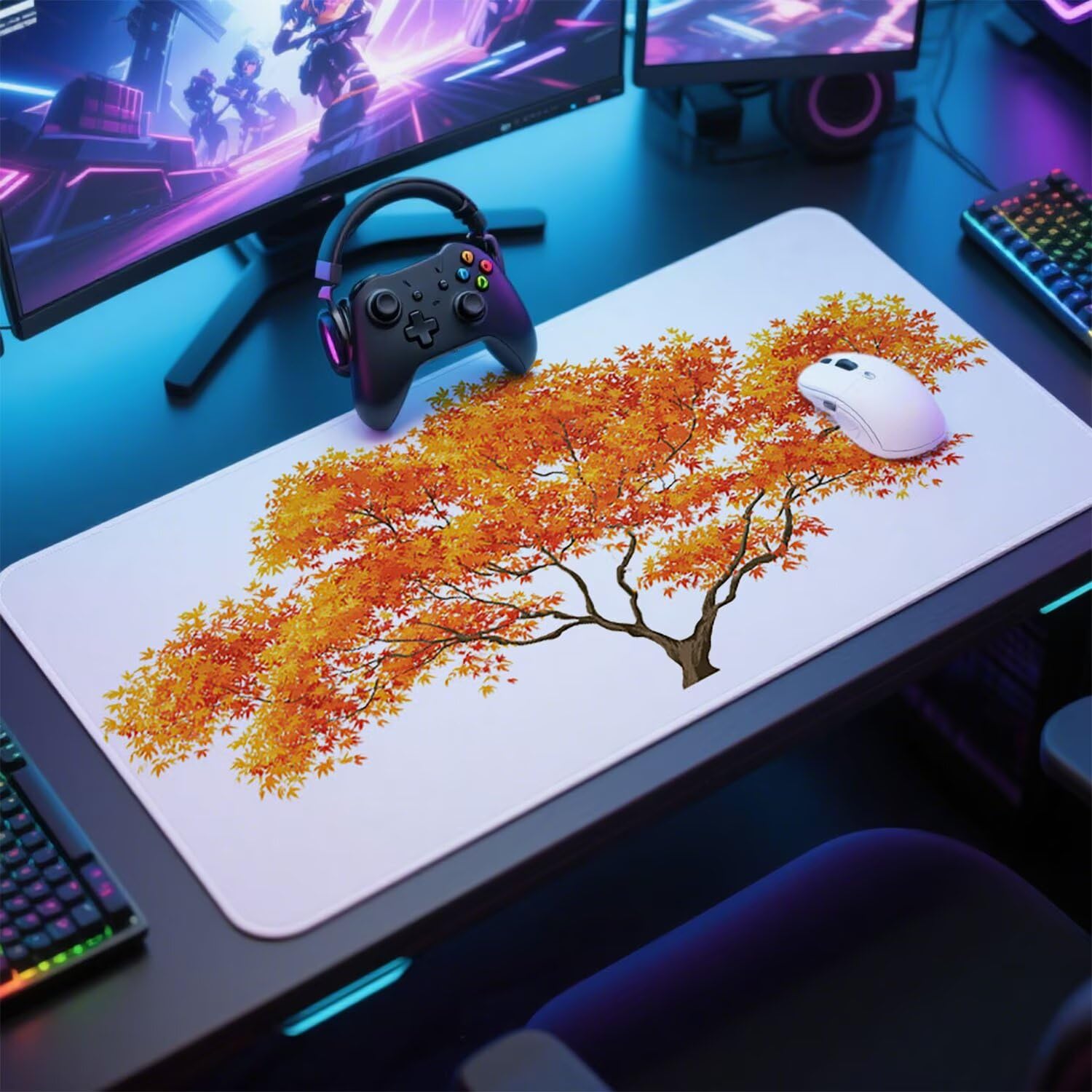 Biała podkładka pod mysz, duża podkładka pod klawiaturę, do gier, 140 x 60 x 0,3 cm, wodoodporna, z gumową podstawą, antypoślizgowa, drzewo XXL, mata do laptopa, akcesoria do gier z przeszytymi