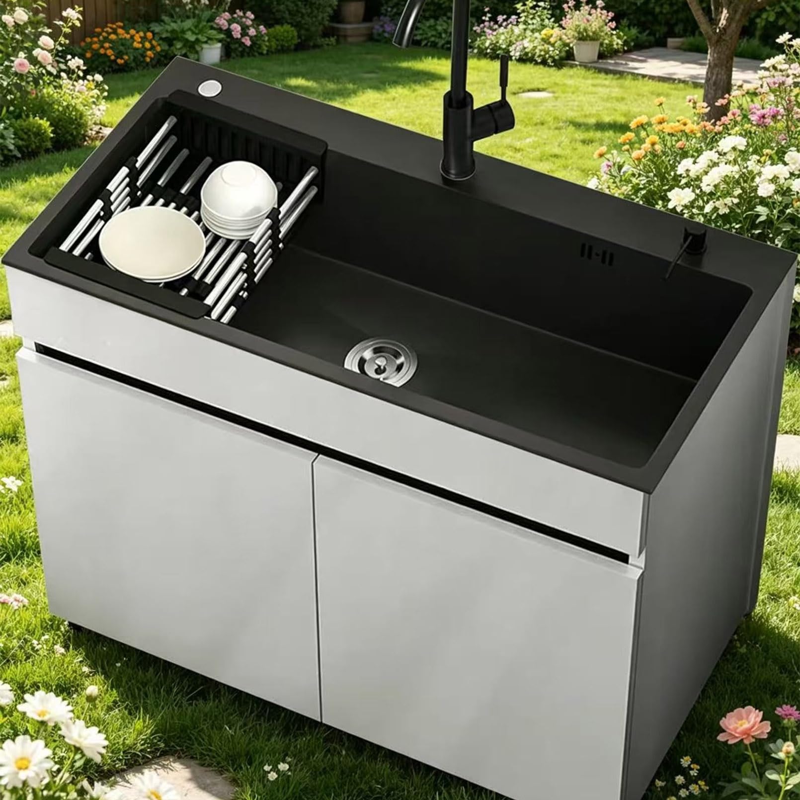 Mueble Fregadero Exterior de Aluminio Panal de Abeja 80cm, Lavabo de Acero Inoxidable con Grifo Mezclador y Dispensador, Fregadero Autoportante para Jardín, Garaje o Lavadero, Blanco
