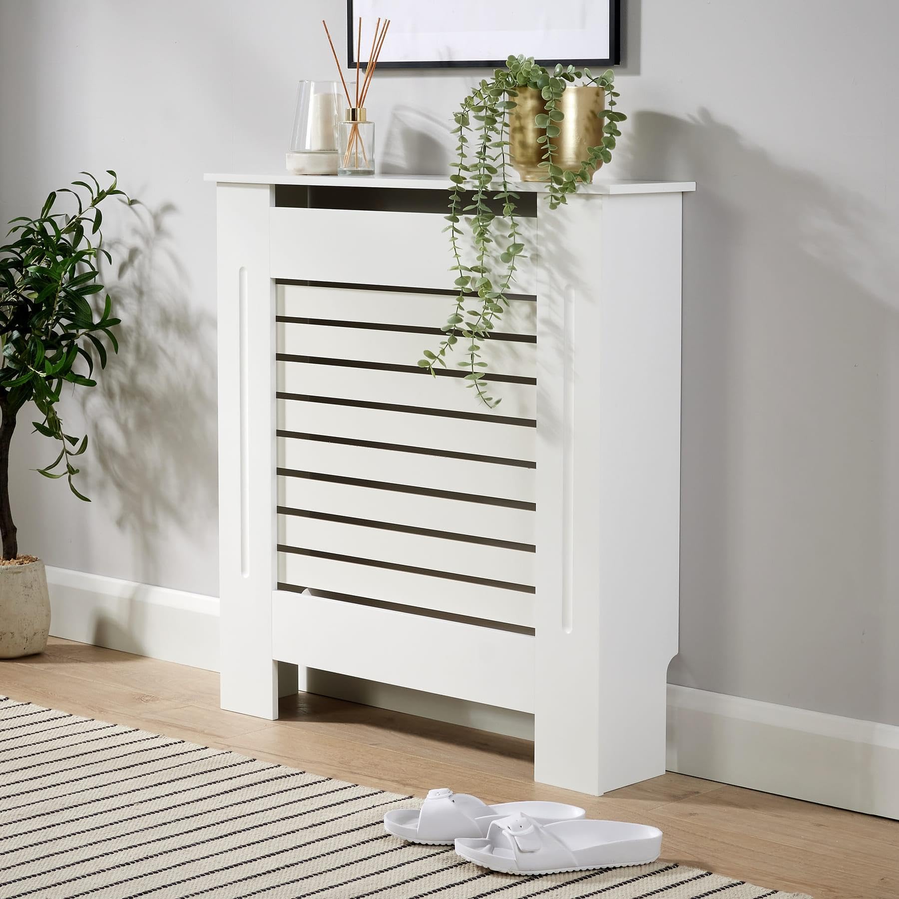 Home Source Radiator Cover Wooden Wall Cabinet Shelf Slatted Grill, White, Small 78cm