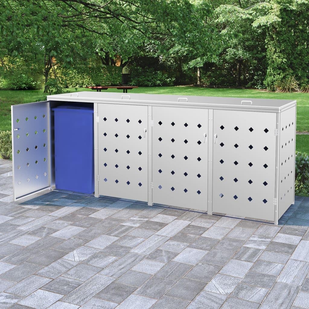 vidaXL Abri de Poubelle Quadruple sur roulettes Abri de Jardin Cache Poubelle Extérieur Résistant aux Intempéries 240 L Acier Inoxydable