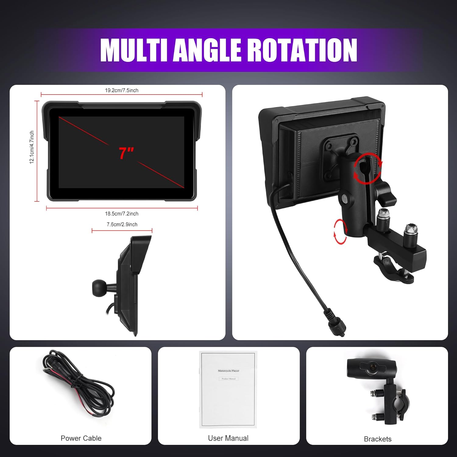Contents of the Rimoody 7-Inch Motorcycle CarPlay/Android Auto Screen box, including the main unit, mount, power cable, and user manual.