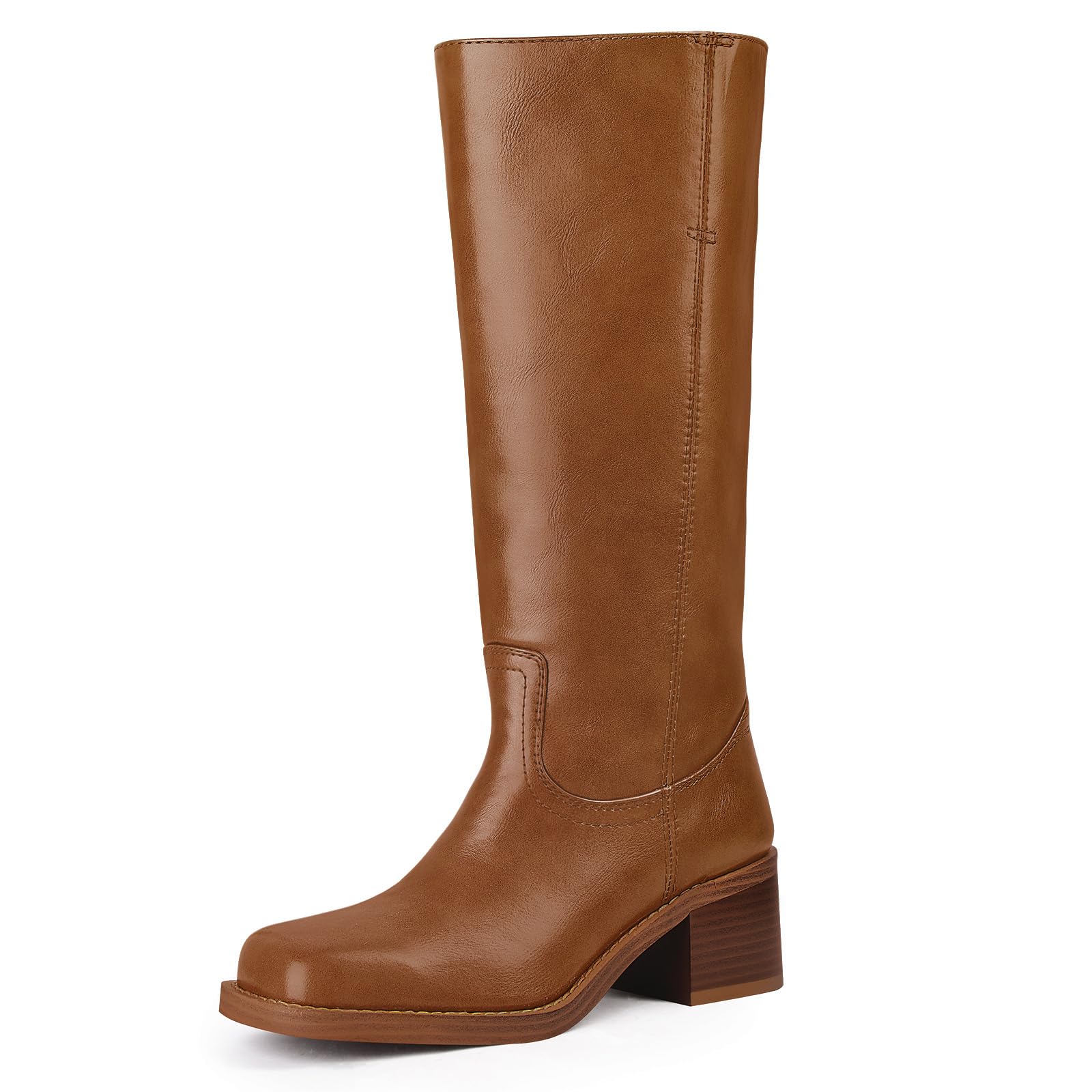 MUCCCUTE Womens Knee High Boots Square Toe Chunky Block Low Heel Comfortable Tall Long Campus Boots Pull On