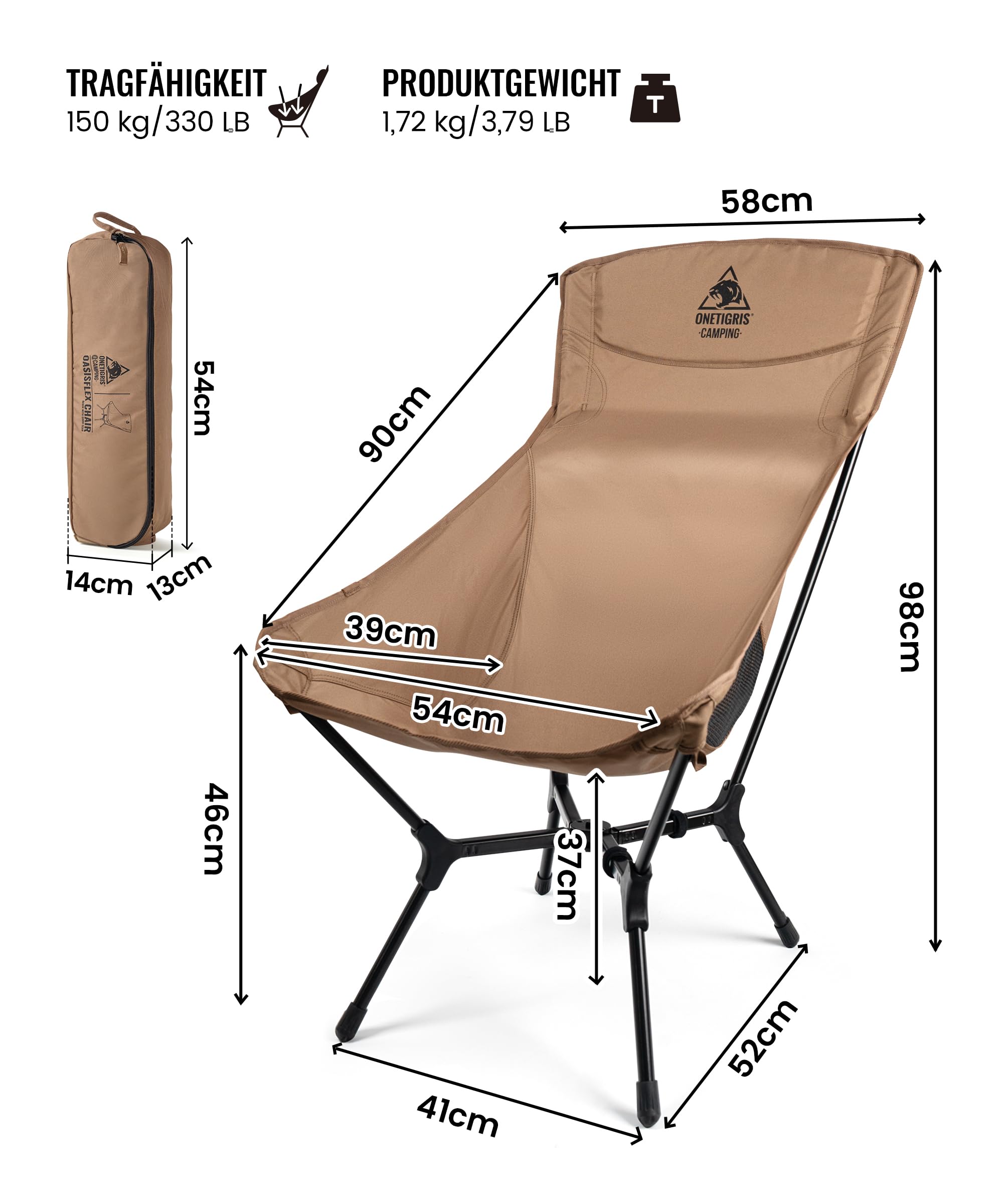 OneTigris OASISFLEX Campingstuhl Hochlehner faltbar 150 kg, Klappstuhl Camping leicht integrierter Kreuzrahmen, Angelstuhl klappbar, Faltstuhl Ultraleicht, mit 2 Seitentaschen für Outdoor, Wandern