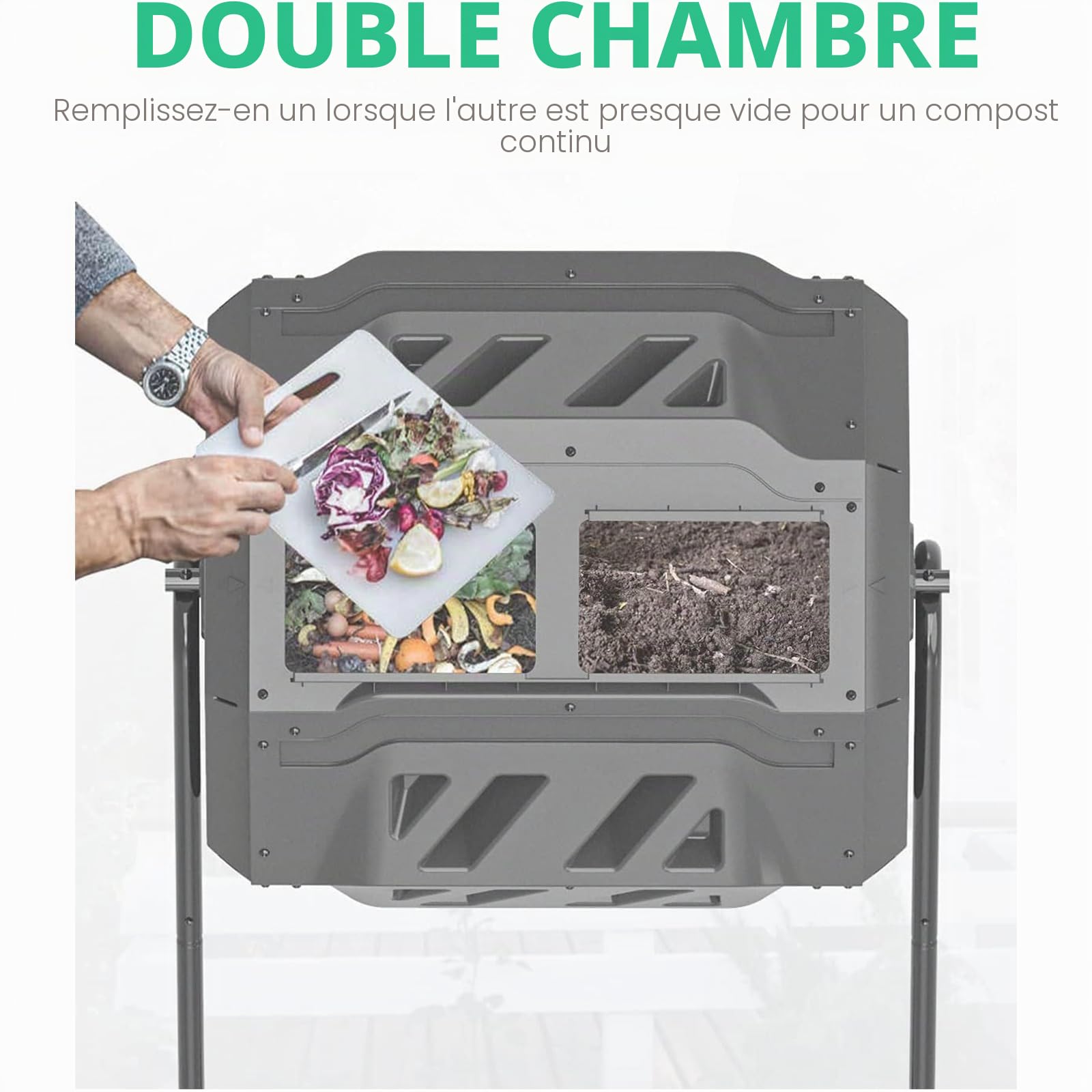 SQUEEZE master Composteur rotatif à double chambre de 160 L – Composteur de jardin rotatif robuste, compostage plus rapide avec une meilleure circulation de l'air, gobelet à compost rotatif pour