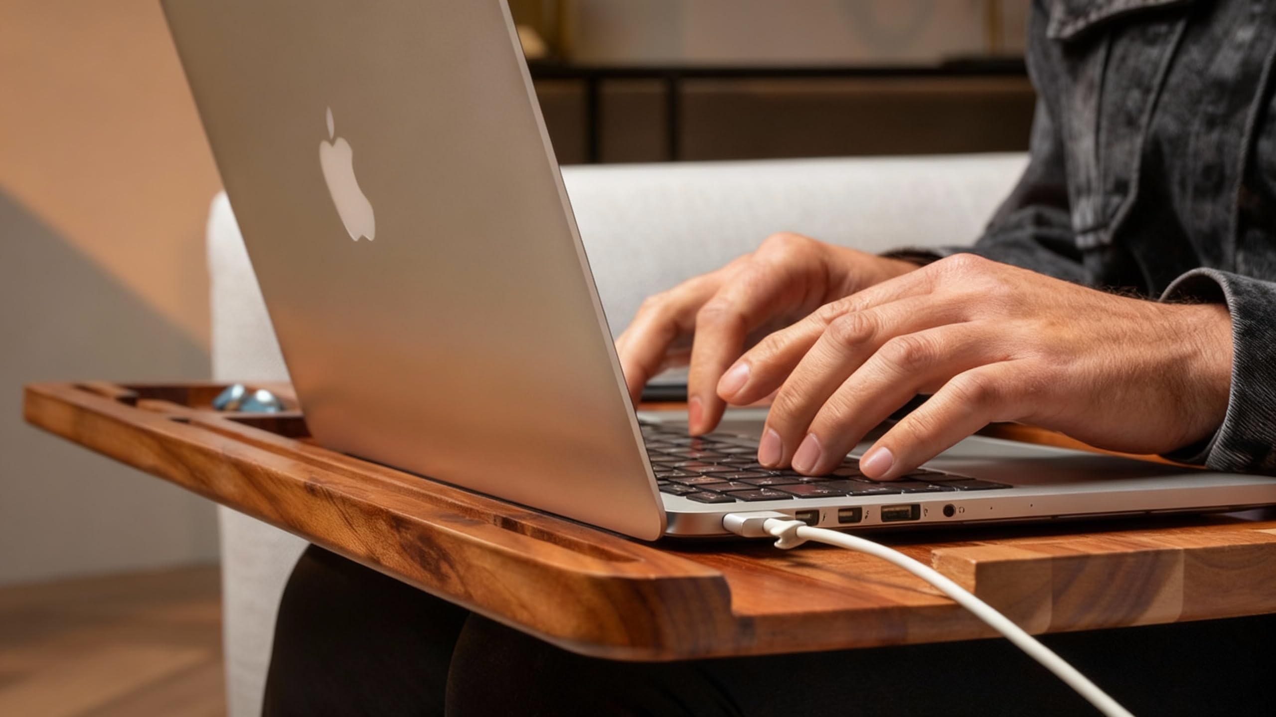 lula Tappetino per laptop in legno di acacia – con grande tappetino per mouse in pelle e pratico supporto per notebook, tablet e telefono; tavolo portatile per laptop in casa o come tavolo da letto a