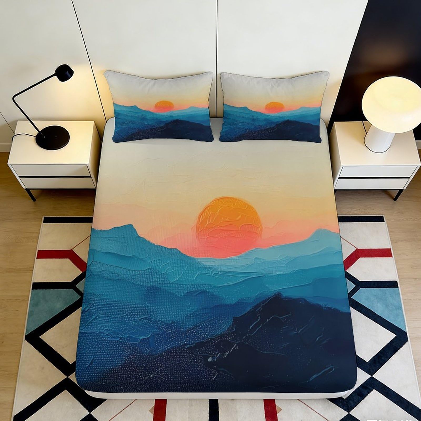 3D Printed Sunset Mountain Fitted Sheet Microfiber Soft Breathable Sunrise Horizon Mattress Cover for Bedroom Guestroom Home Decor 90x200x25cm