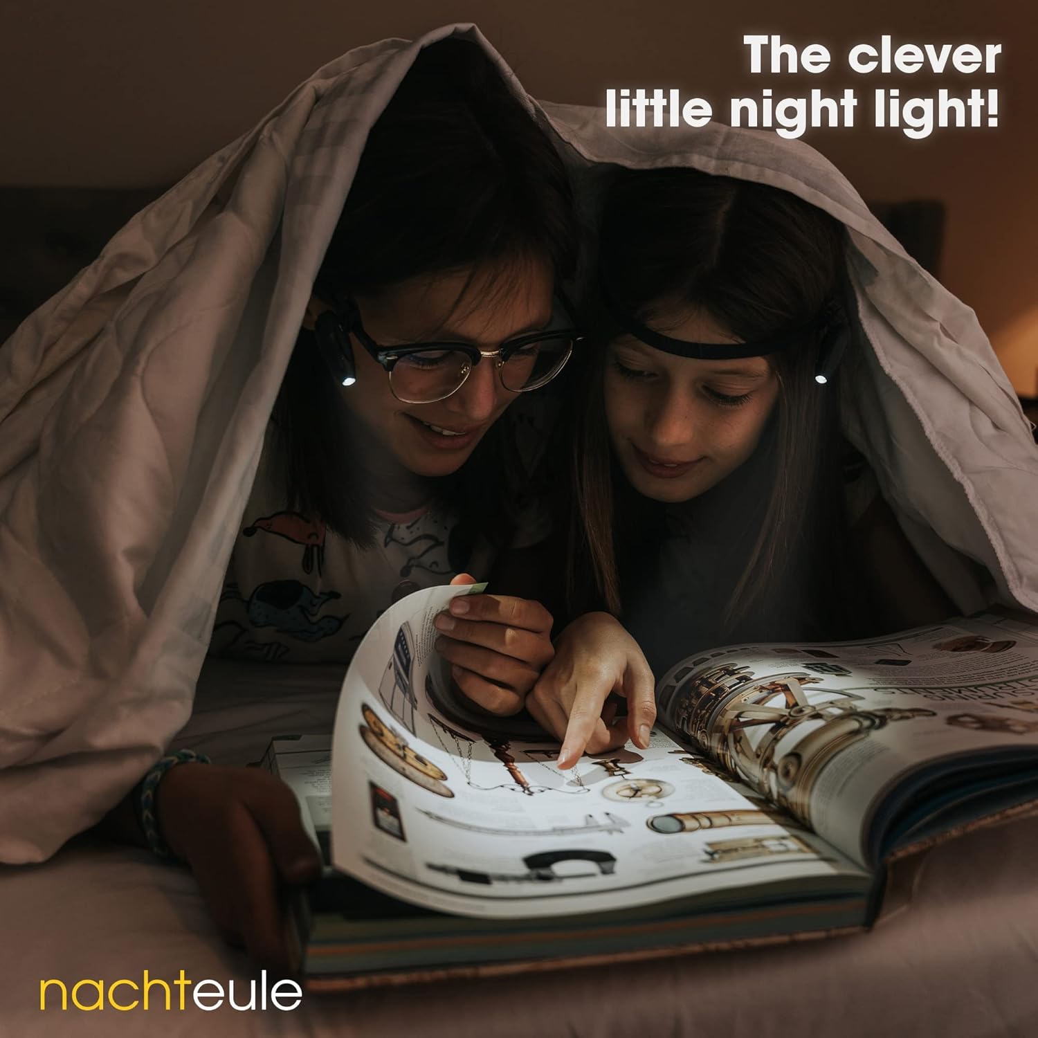 Nachteule Rechargeable Reading Light for Glasses, Headphones or Headband (Included). LED Book Light. Award Winning Clip-on Design Made in Germany. Complimentary Protective Case Included