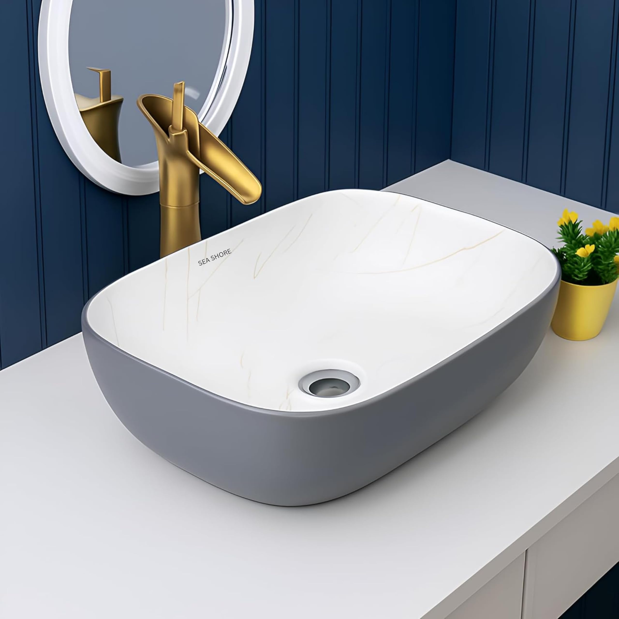 SEA SHORE Modern Designer Ceramic Wash Basin – Countertop Table Top Sink with Slim Rim for Bathroom/Living Room (18 x 13 x 5.5 Inch, Grey & White)