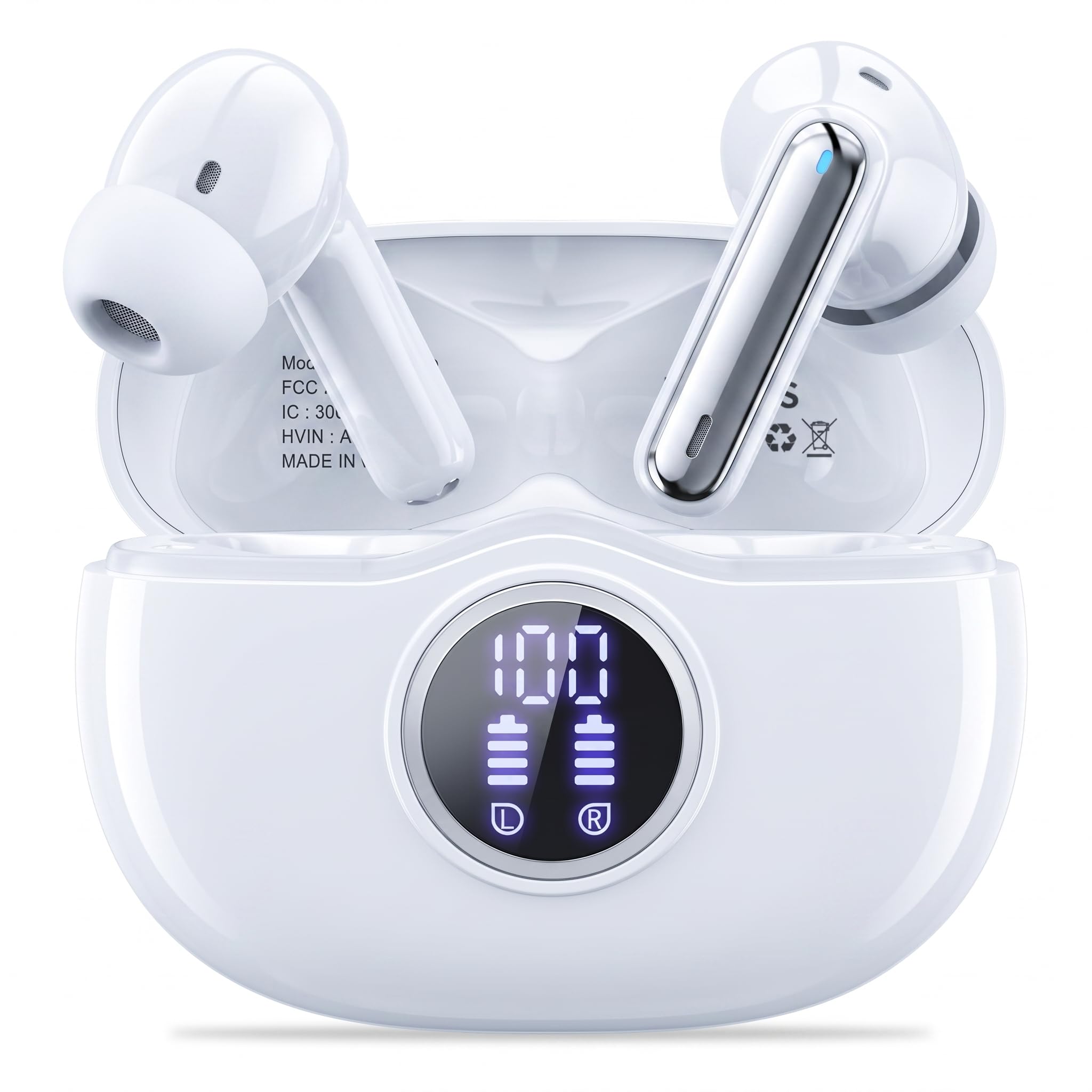 Fhumsh Bluetooth 5.3 Earbuds HiFi Stereo 50H LED Display ENC Mic IPX7 Waterproof Wireless Earphones for Gym/Running/Work White