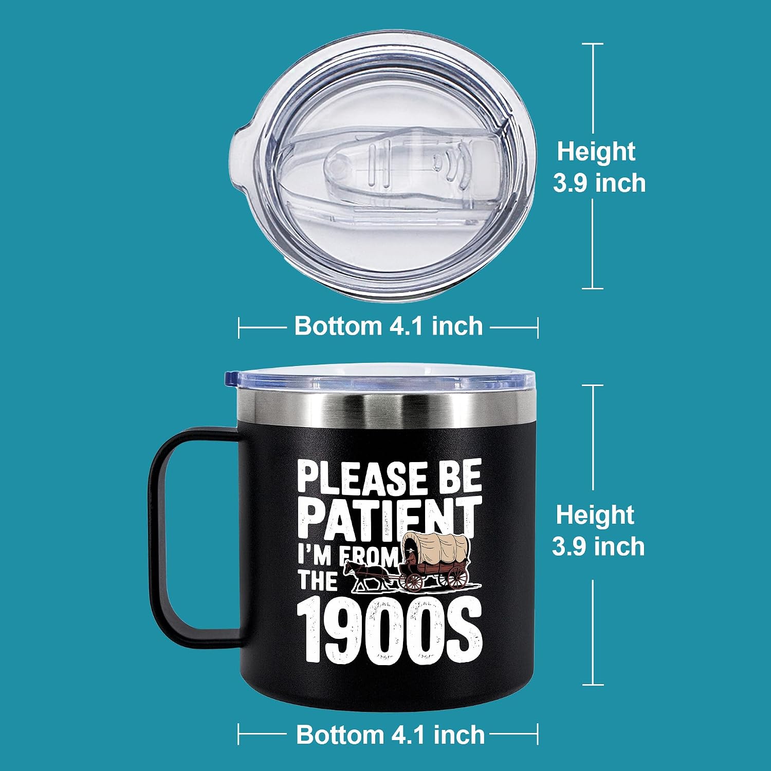 Panvola Please Be Patient I'm From the 1900s Old People Birthday Gifts for Grandpa Grandma 60th 70th 80th 90th Birthday Elderly Senior Citizen Insulated Coffee Mug with Handle and Lid 14 oz Black