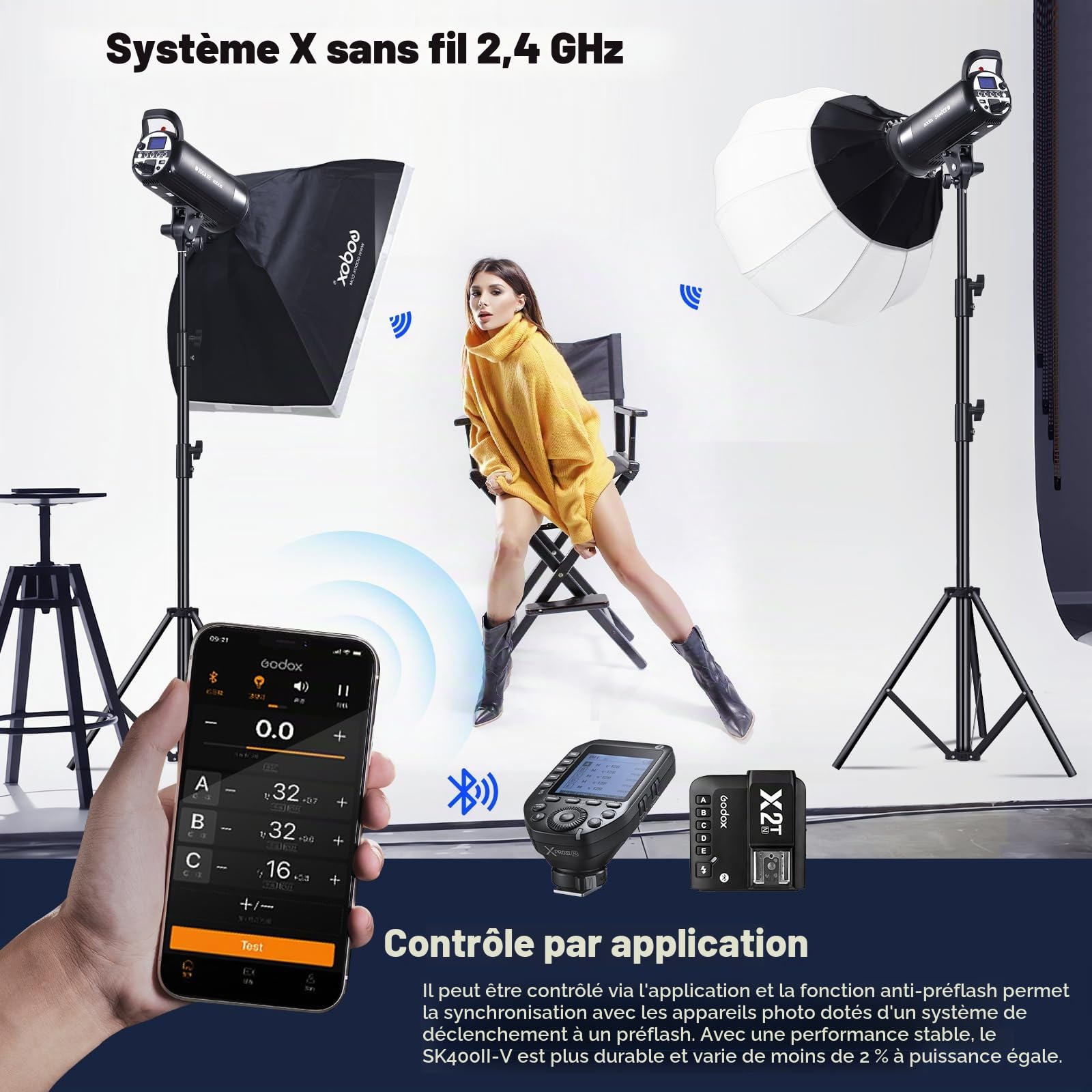 GODOX SK400II-V*2 Monolight Lumiere Continue Professional Studio Flash Strobe Light Kit,2.4G Wireless X System,5600±200K,Bowens Mount LED Modeling Lamp for Studio(SK400II Upgraded)