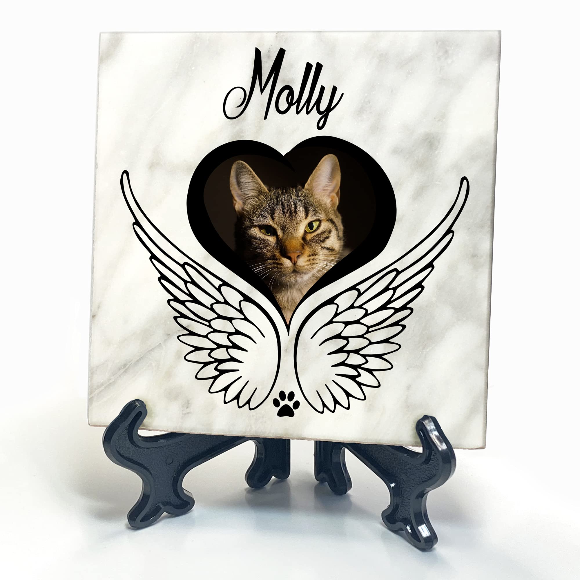 TULLUN Personalised Memorial White Marble Stone Plaque + Stand For Pet Cat Dog Frame Paw Grave Marker - Size |4" x 4" or 10 x 10 cm|- Angel Wings Name