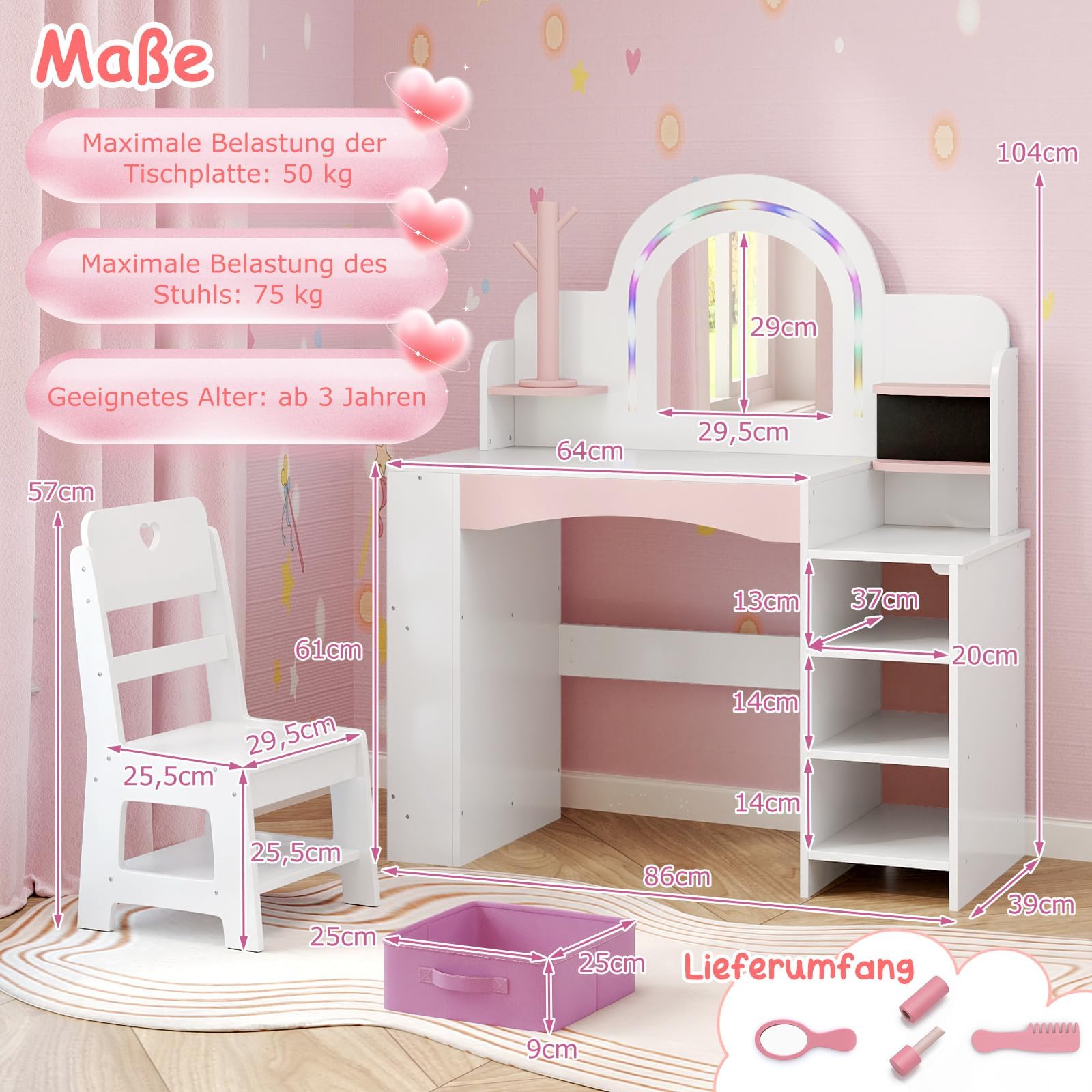 FANTASK 2 in 1 Schminktisch Kinder Set, Schreibtisch Holz mit Buntem Spiegel & Bücherregal, Prinzessin Frisiertisch mit Regalen, Schmuckhalter & Stoffbox, Kosmetiktisch für Mädchen ab 3 Jahren (Weiß)