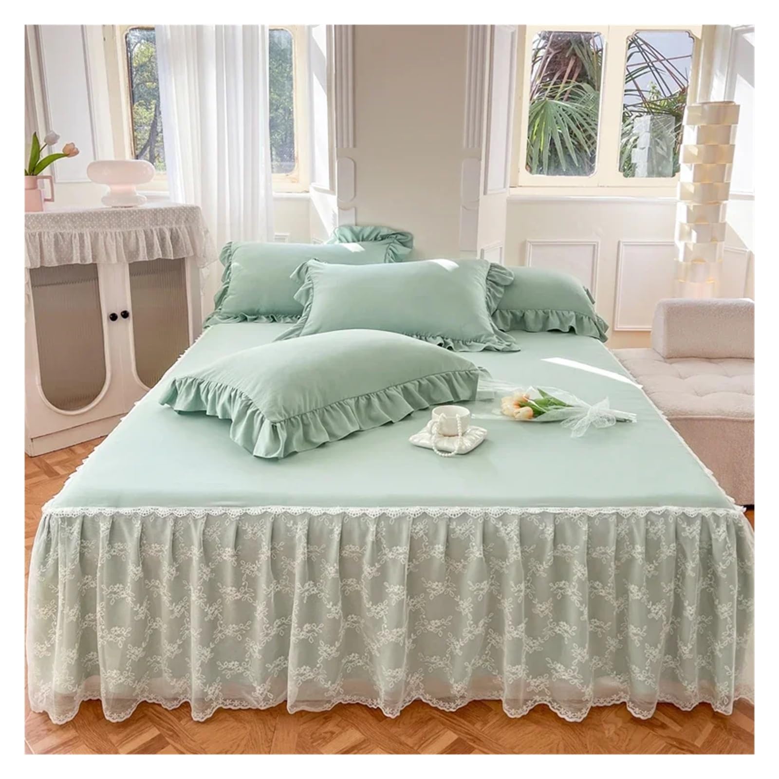 Solid Color Bed Skirt & Pillowcase Washed Cotton Wrap Around Bedskirt With Embroidered Lace White Pleated Ruffle Bed Sheet(5,150x200cm 3pcs)