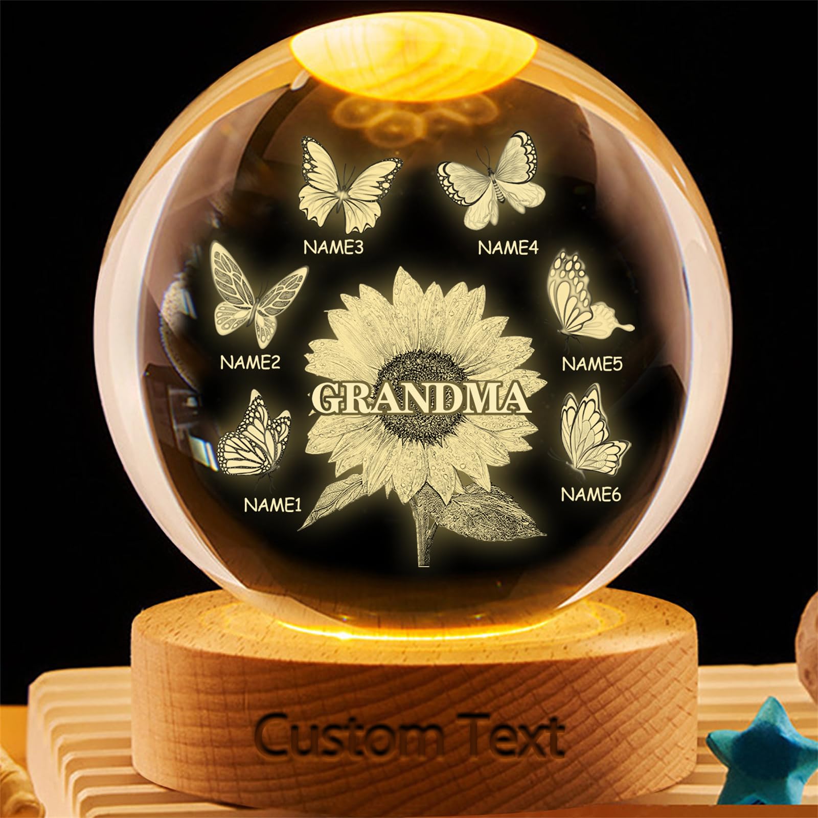 Wasetell Personalized Sunflower Crystal Ball Lamp Custom Grandma Butterfly Ball Night Light with Grandkids Names Family Keepsake Gift from Grandkids Memorial Home Decor Mothers Day Birthday Decor,01