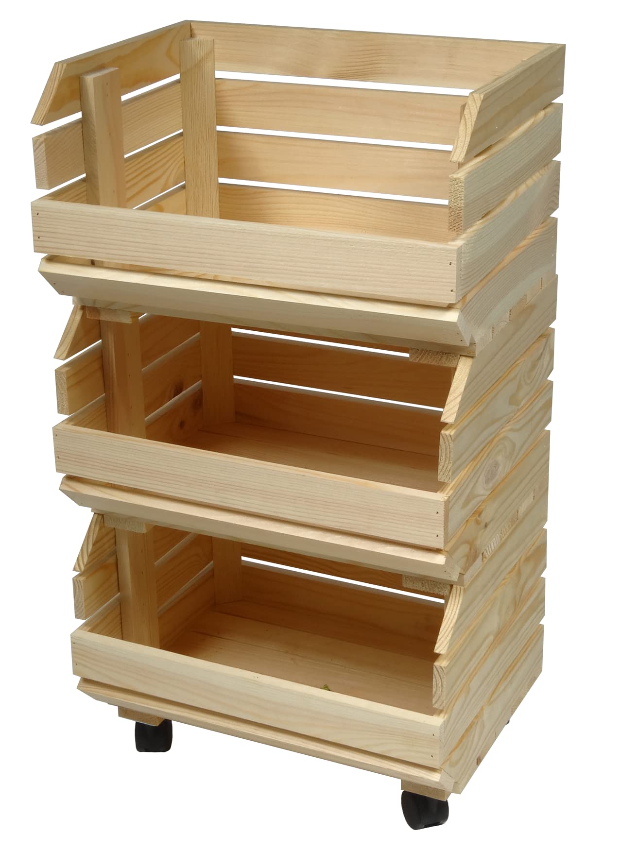 Kit generico di cassette impilabili Scaffale per verdure Con rotelle 3 cassette in legno Scaffale Contenitore per frutta Cassetta per patate Legno naturale Con istruzioni di montaggio