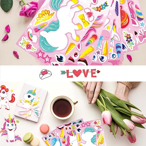Miniatura 7 de 36 hojas de calcomanías de unicornio, haz una cara para niños, haz tu propio unicornio de animales de fantasía para mezclar y combinar, suministros