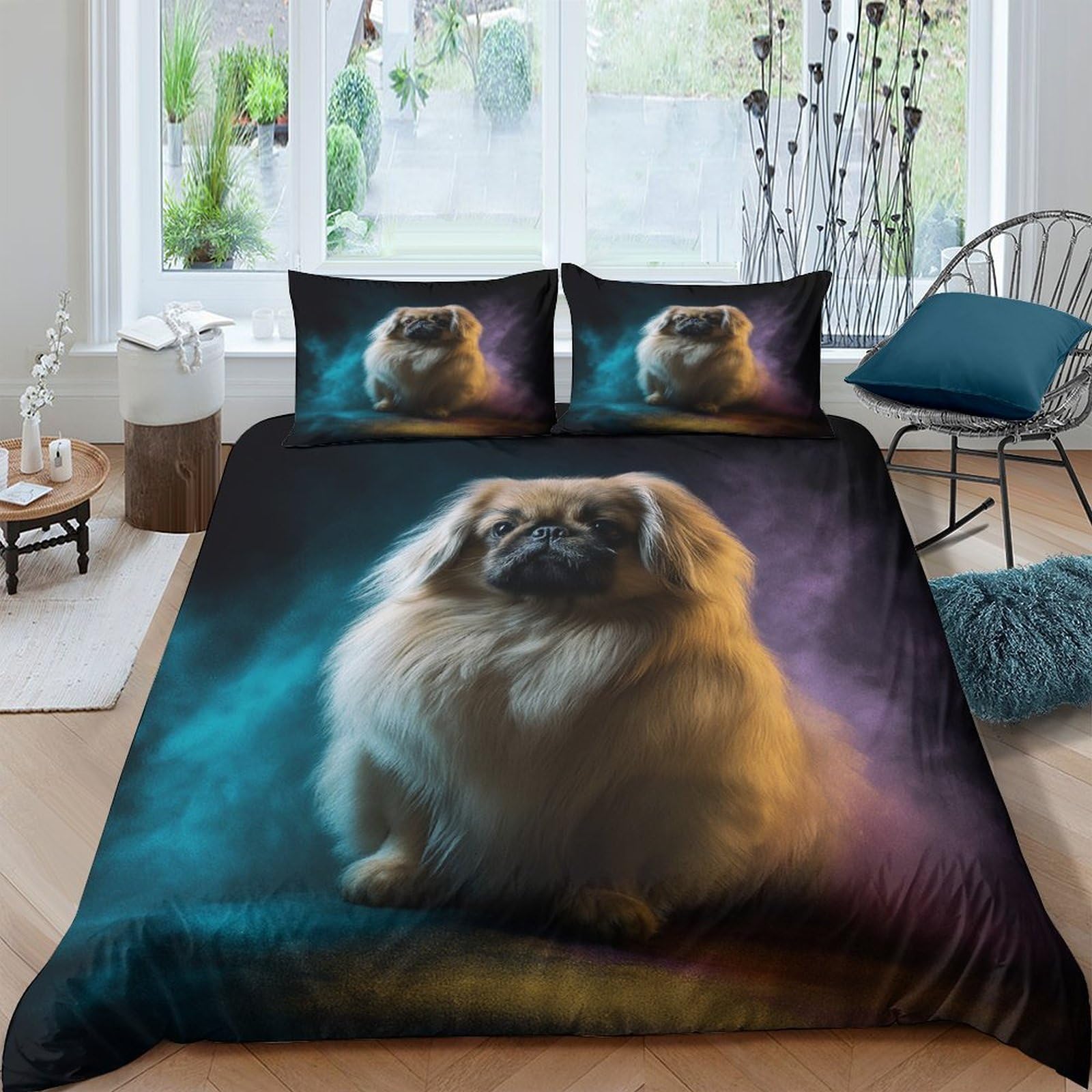 GPLZQXKJNH 3D Printed Fluffy Dog Duvet Cover Microfiber Soft Breathable Colorful Mist Bedding Set with 2 Pillowcases for Bedroom Single（135x200cm）