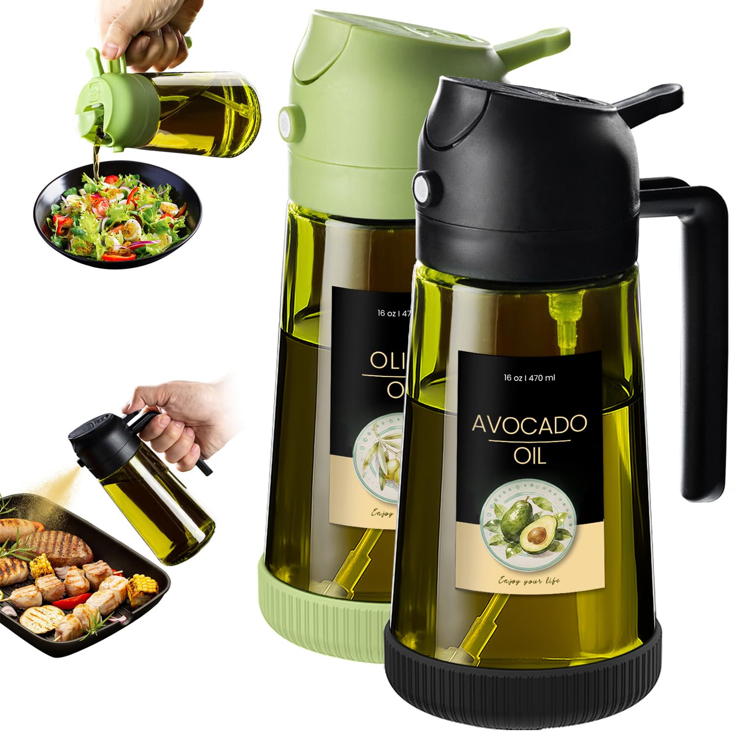 TrendPlain 16oz Ölsprüher für Speiseöl – 470ml Olivenöl Flasche – 2-in-1 Ölspender und Ölsprüher – Küchen Gadgets für Kochen, Salat und Grill (Schwarz & Grün - 1)