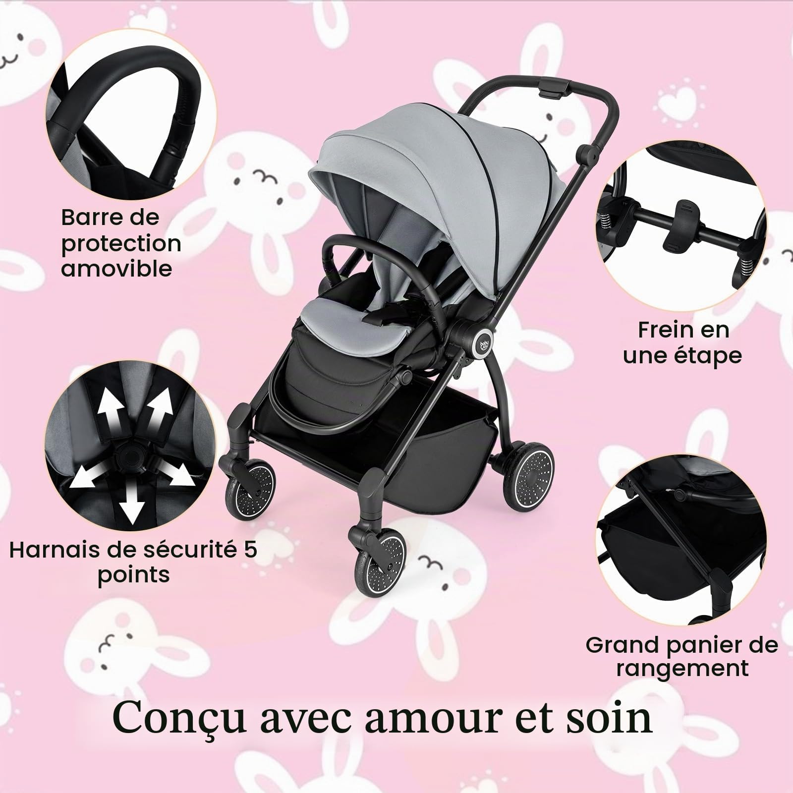 LIFEZEAL Poussette Canne Pliable Bébé 0-36 mois, Dossier Réglable, Poussette Compacte Légère, Siège Réversible, Harnais de Sécurité, Roues Universelles, Frein, Charge 30kg (Gris)